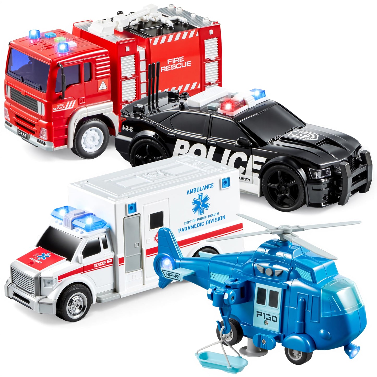 JOYIN Emergency Vehicle Playset – 4-Pack Friction-Powered Vehicles with Lights & Sounds