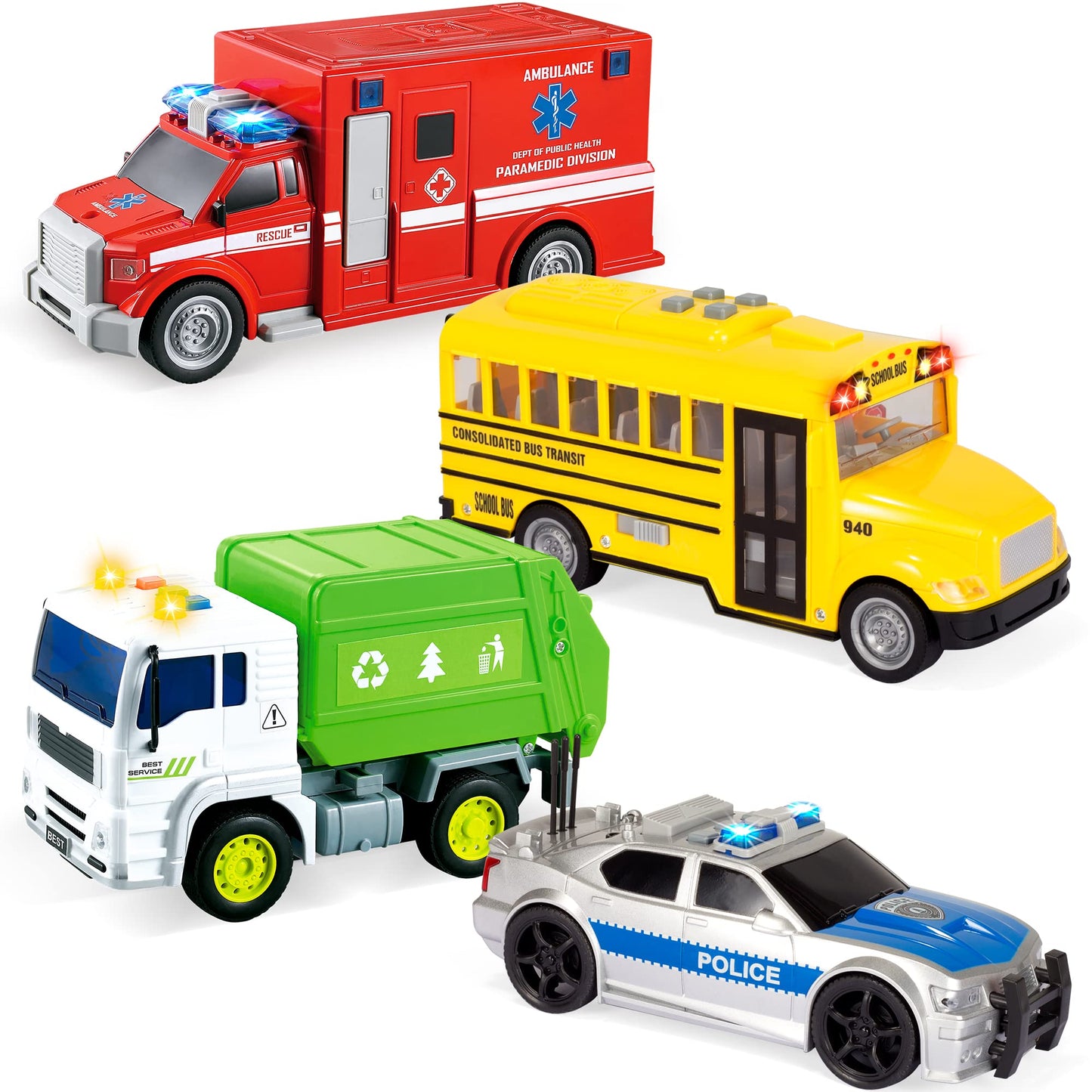 JOYIN 4 Pcs 7\" Vehicle Toy Set with Lights & Sirens – Police Car, Garbage Truck, Fire Truck, School Bus