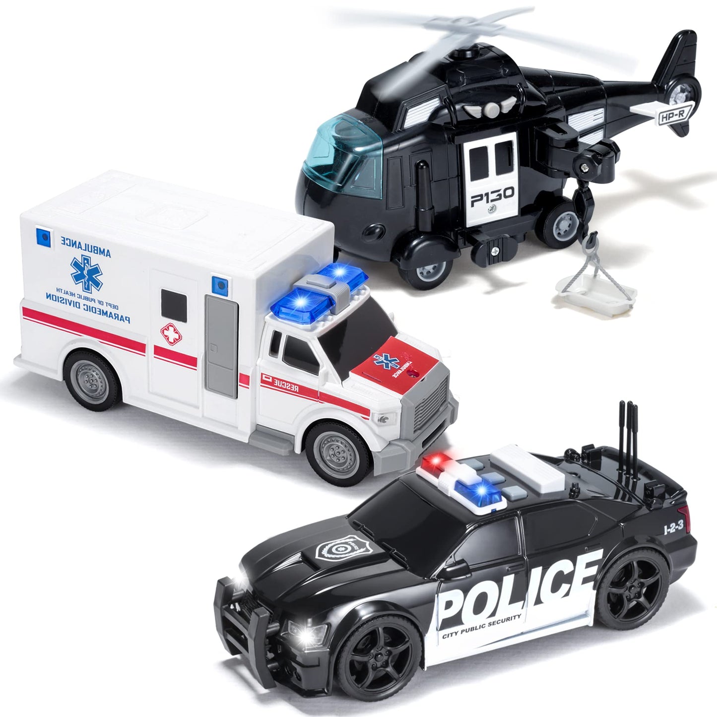 JOYIN Police Vehicle Toy Set with Lights & Sounds – Friction-Powered Emergency Vehicles for Kids Aged 3–9