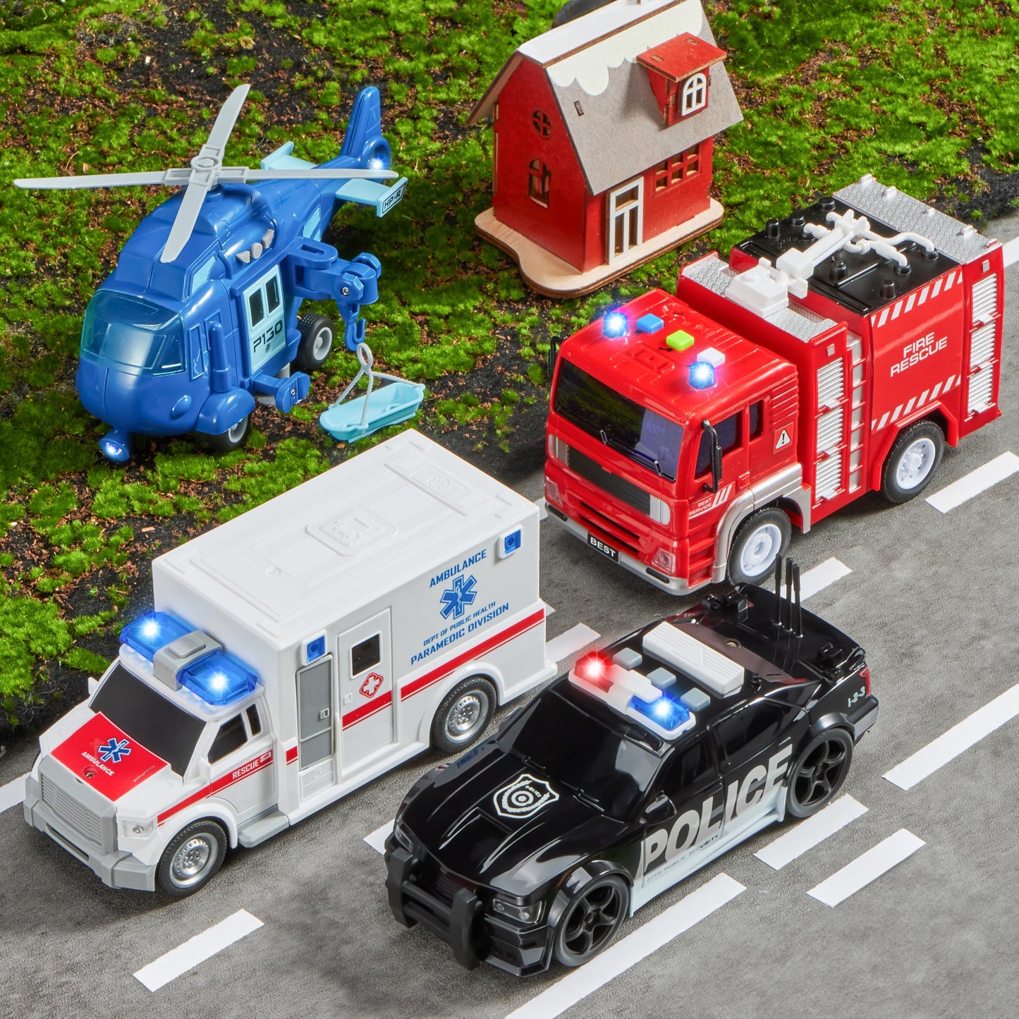 JOYIN Emergency Vehicle Playset – 4-Pack Friction-Powered Vehicles with Lights & Sounds