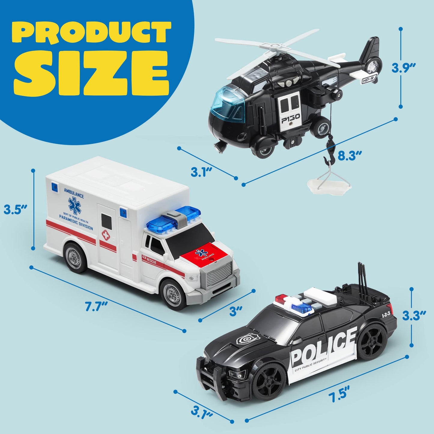 JOYIN Police Vehicle Toy Set with Lights & Sounds – Friction-Powered Emergency Vehicles for Kids Aged 3–9