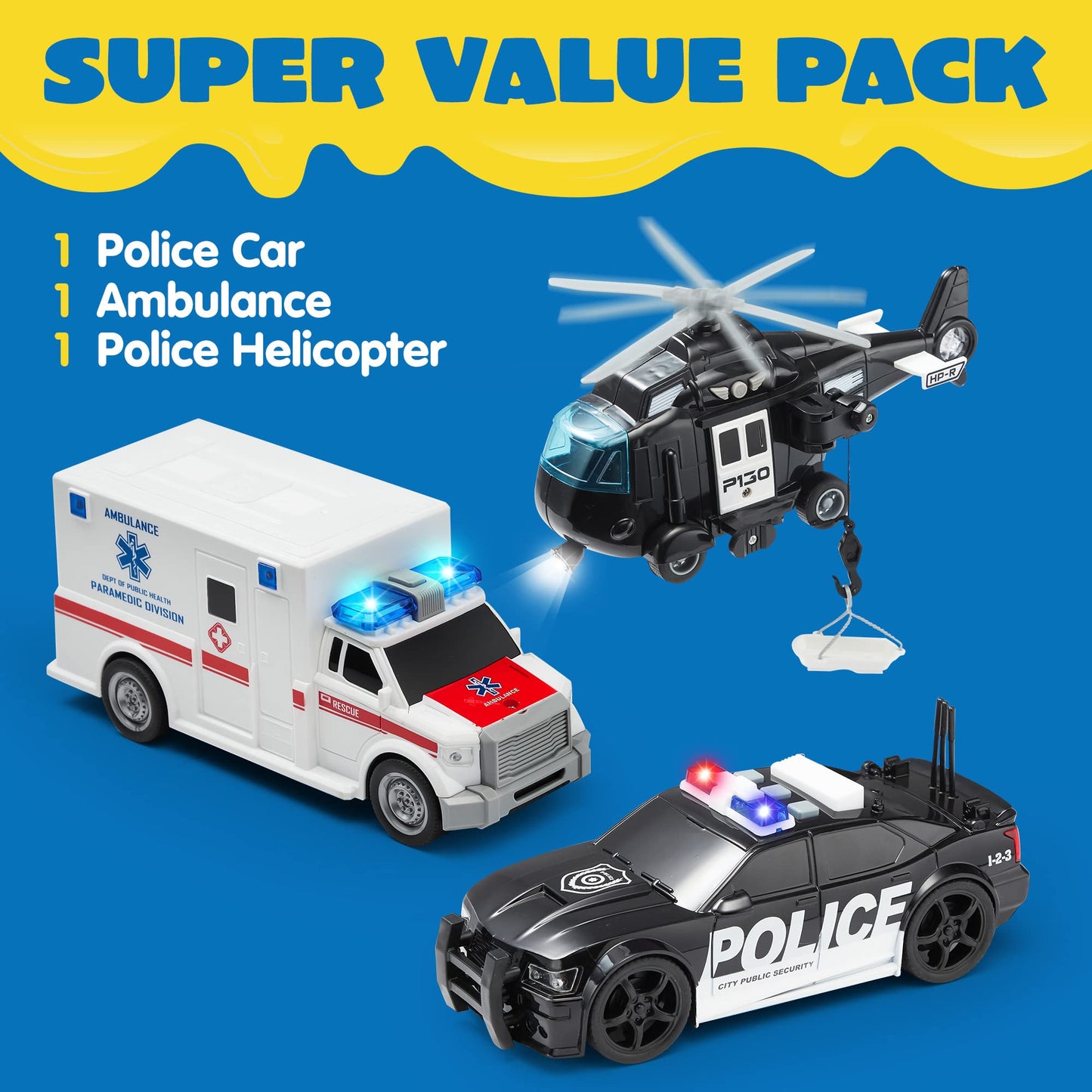 JOYIN Police Vehicle Toy Set with Lights & Sounds – Friction-Powered Emergency Vehicles for Kids Aged 3–9