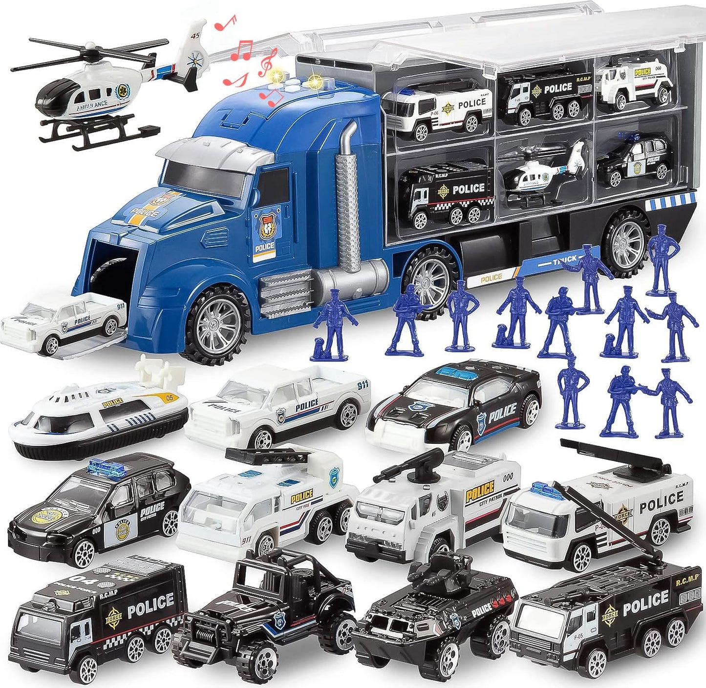 JOYIN 25-in-1 Police Rescue Truck Toy Set with Sounds & Lights – Carrier Truck Playset