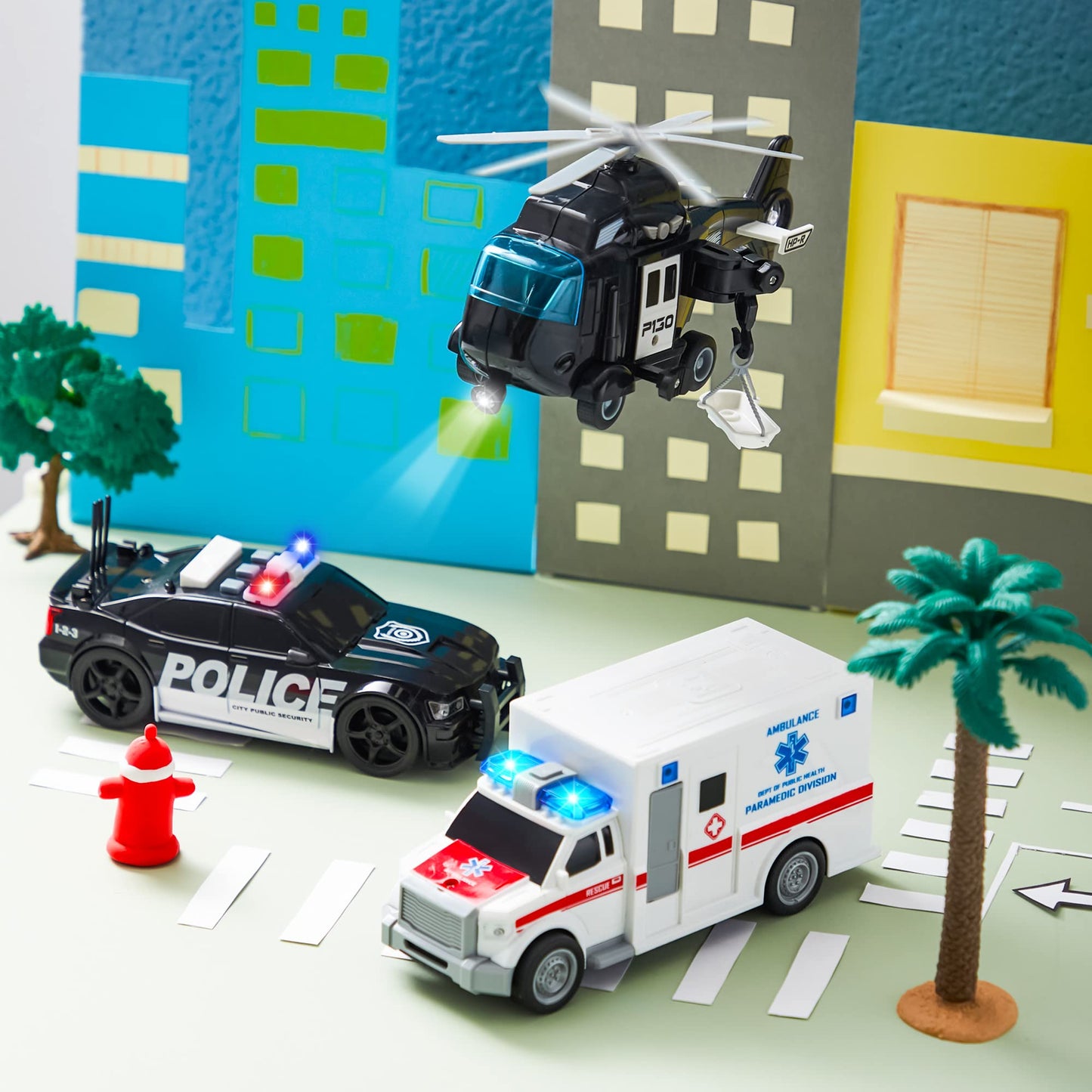 JOYIN Police Vehicle Toy Set with Lights & Sounds – Friction-Powered Emergency Vehicles for Kids Aged 3–9