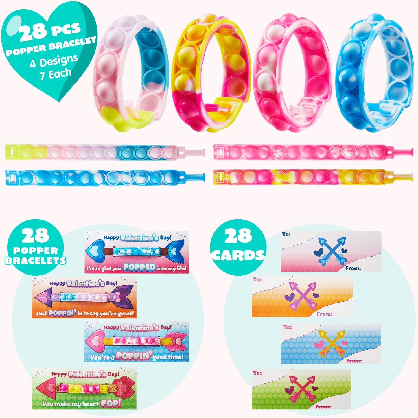 JOYIN 28-Pack Valentine's Gift Cards with Pop Bubble Bracelet – Fidget Wristbands for Kids, Class Prizes