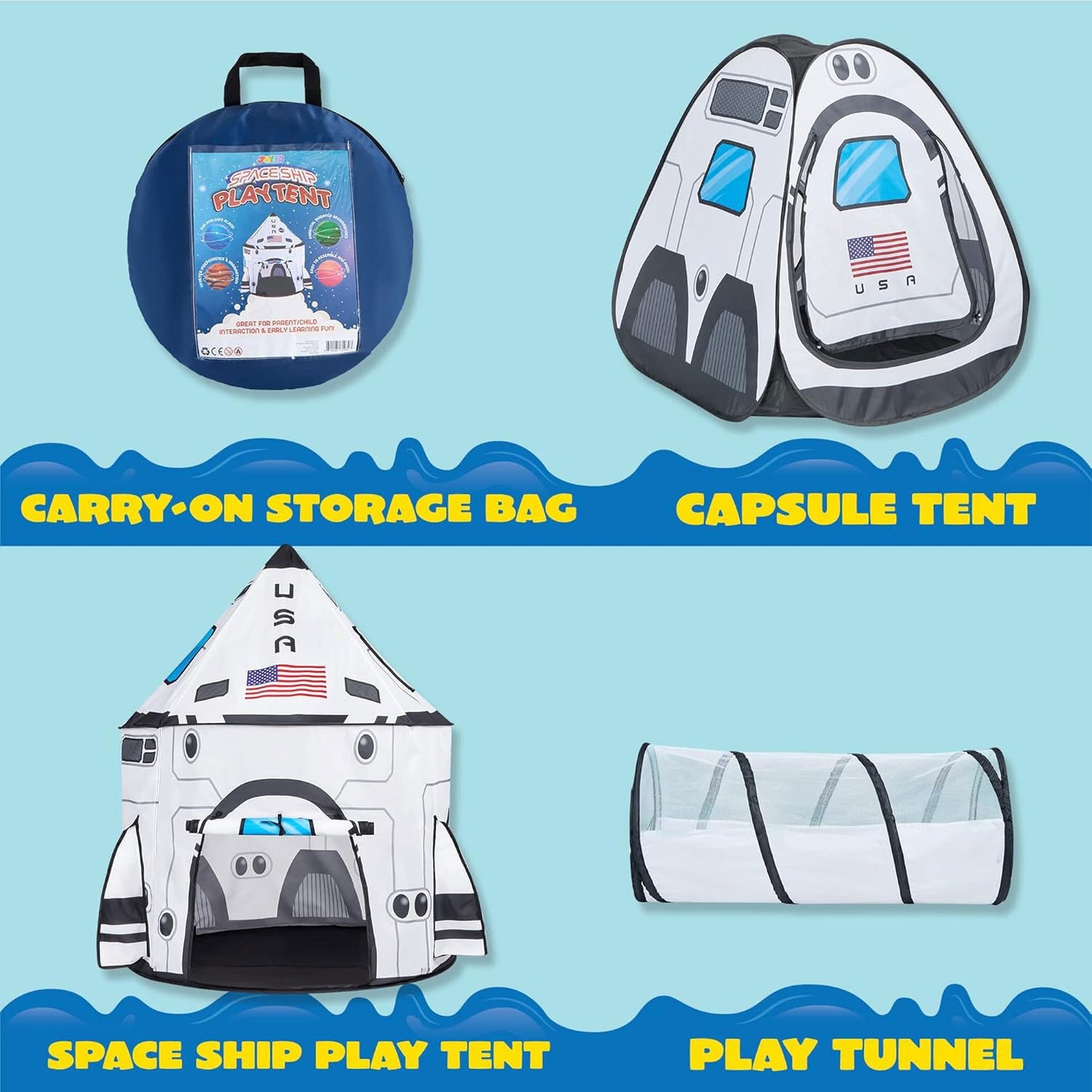 JOYIN White Rocket Ship Pop Up Play Tent with Tunnel – Indoor & Outdoor Kids Space Playset