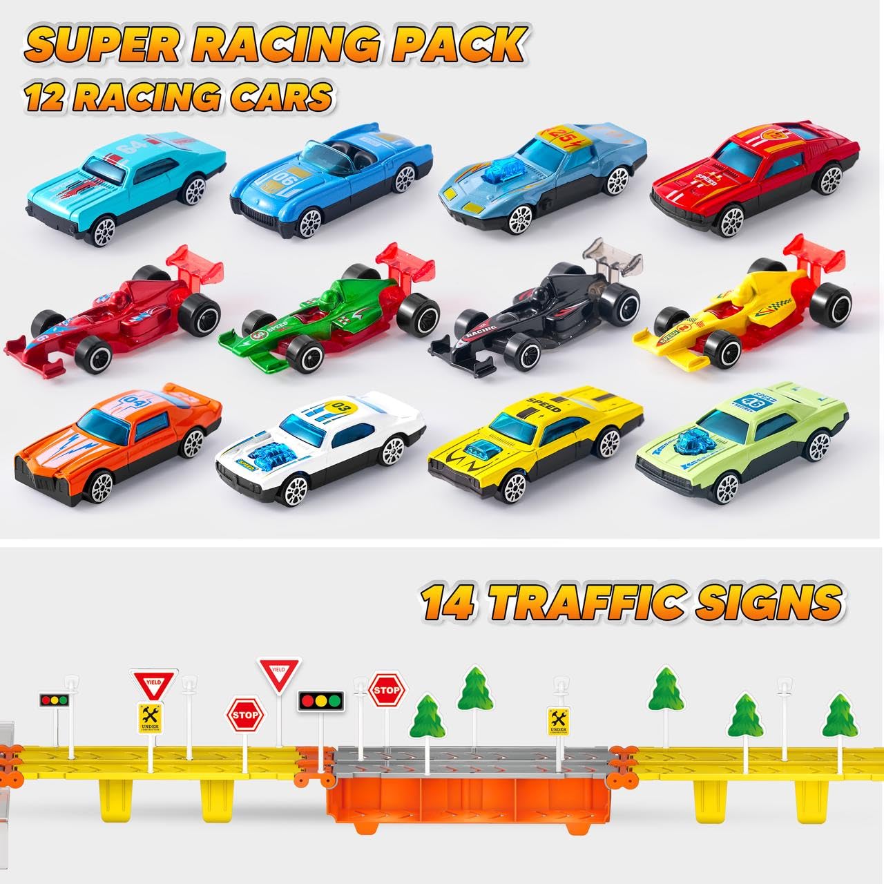 JOYIN Toy Truck Carrier Set – 5-Foot Track & 12 Die-Cast Cars