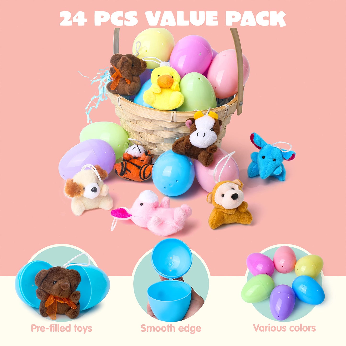 JOYIN 24-Pack Prefilled Easter Eggs with Mini Plush Toys