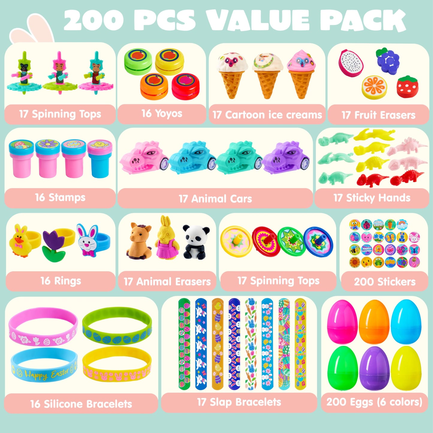 JOYIN 200 Pcs Prefilled Easter Eggs with Assorted Toys & Stickers Inside | Easter Egg Hunt Favors