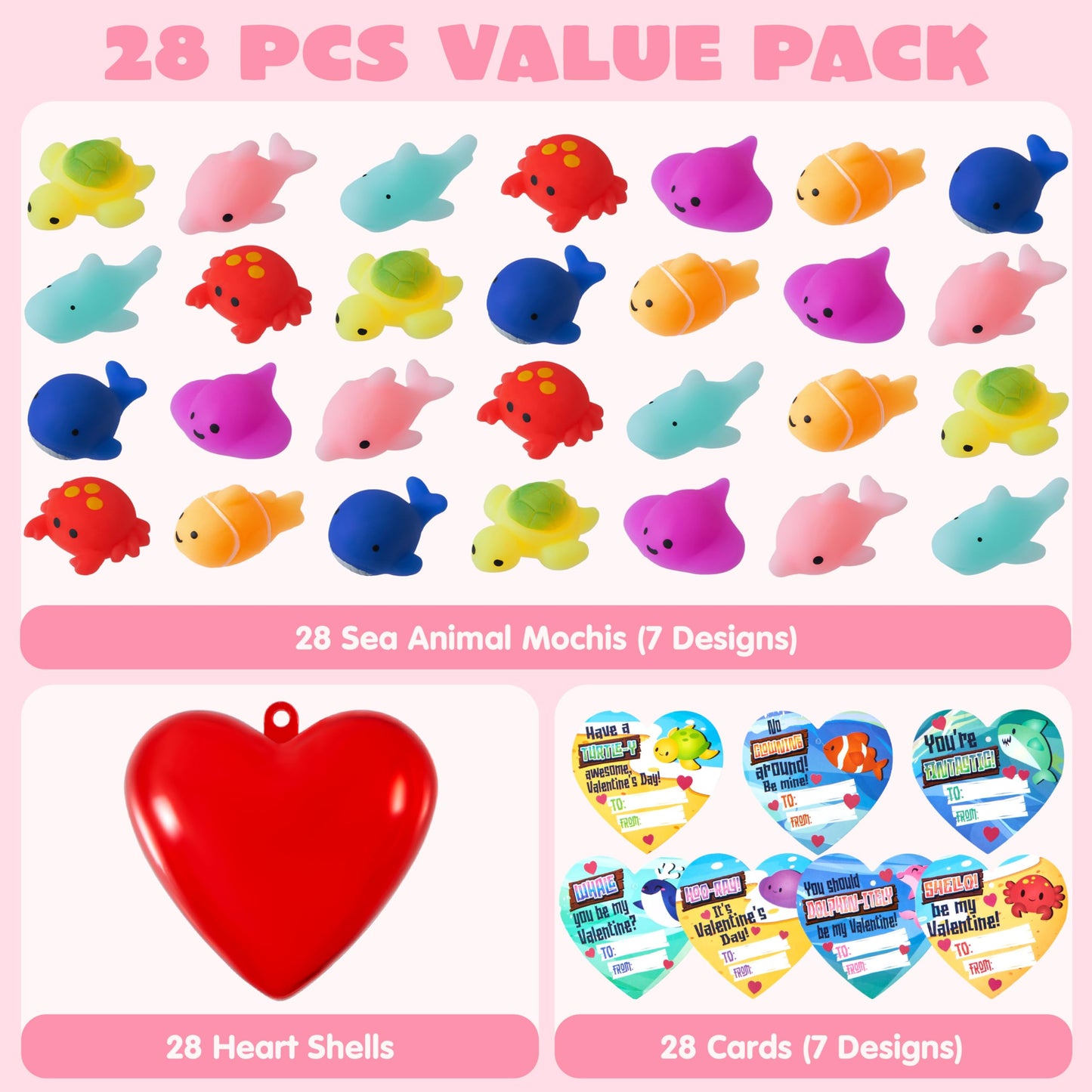 JOYIN 28-Pack Valentines Day Gifts for Kids | Sea Animals Mochi Squishy Toys & Heart Cards