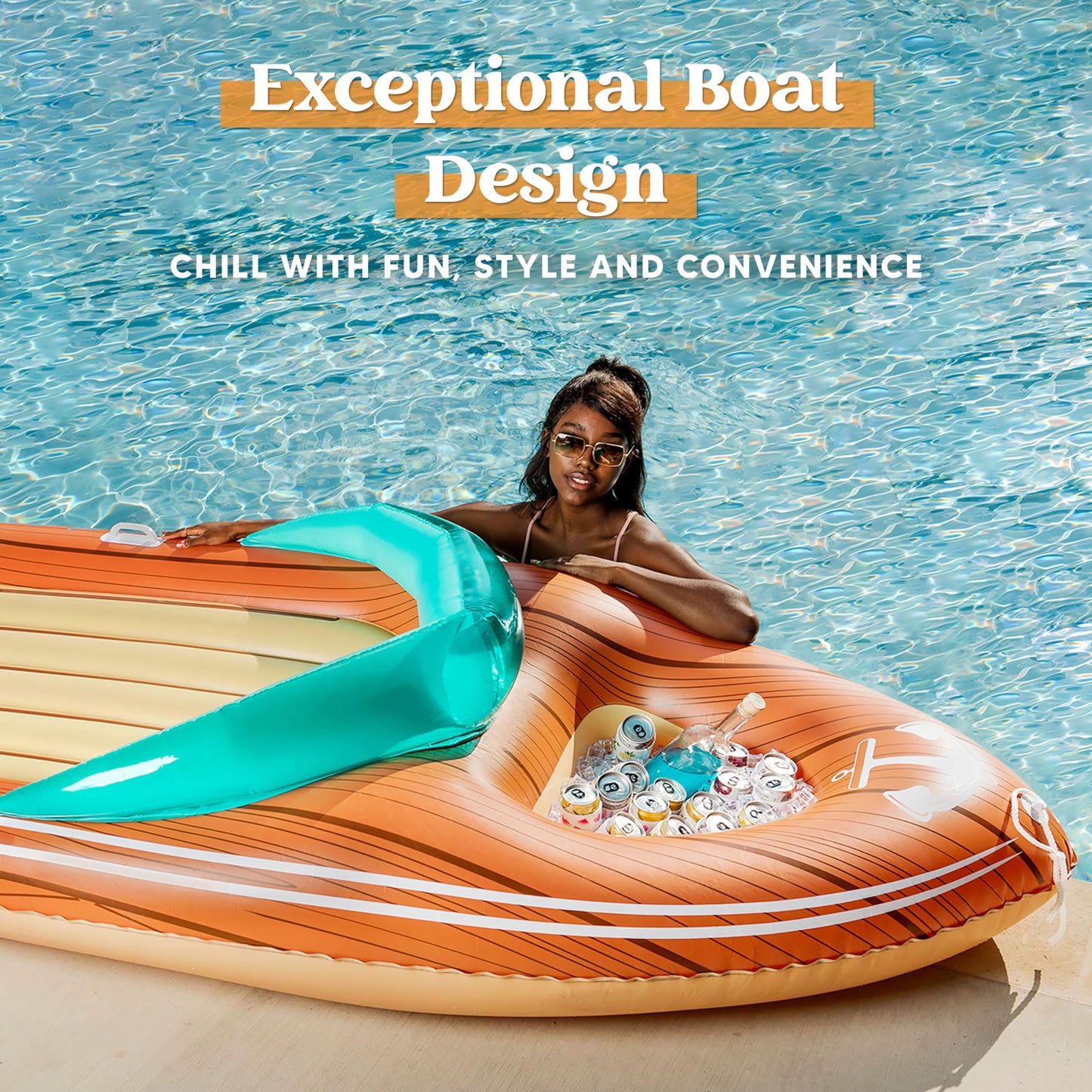 JOYIN Giant Boat Pool Float with Cooler – Two-Person Inflatable Lounger