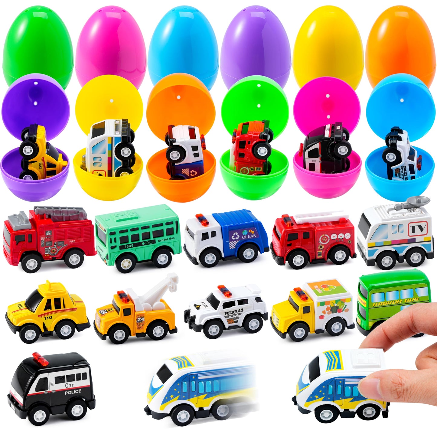 JOYIN 12 Pcs Prefilled Easter Eggs with Alloy Pull Back Cars – Easter Egg Hunt Toys & Basket Stuffers