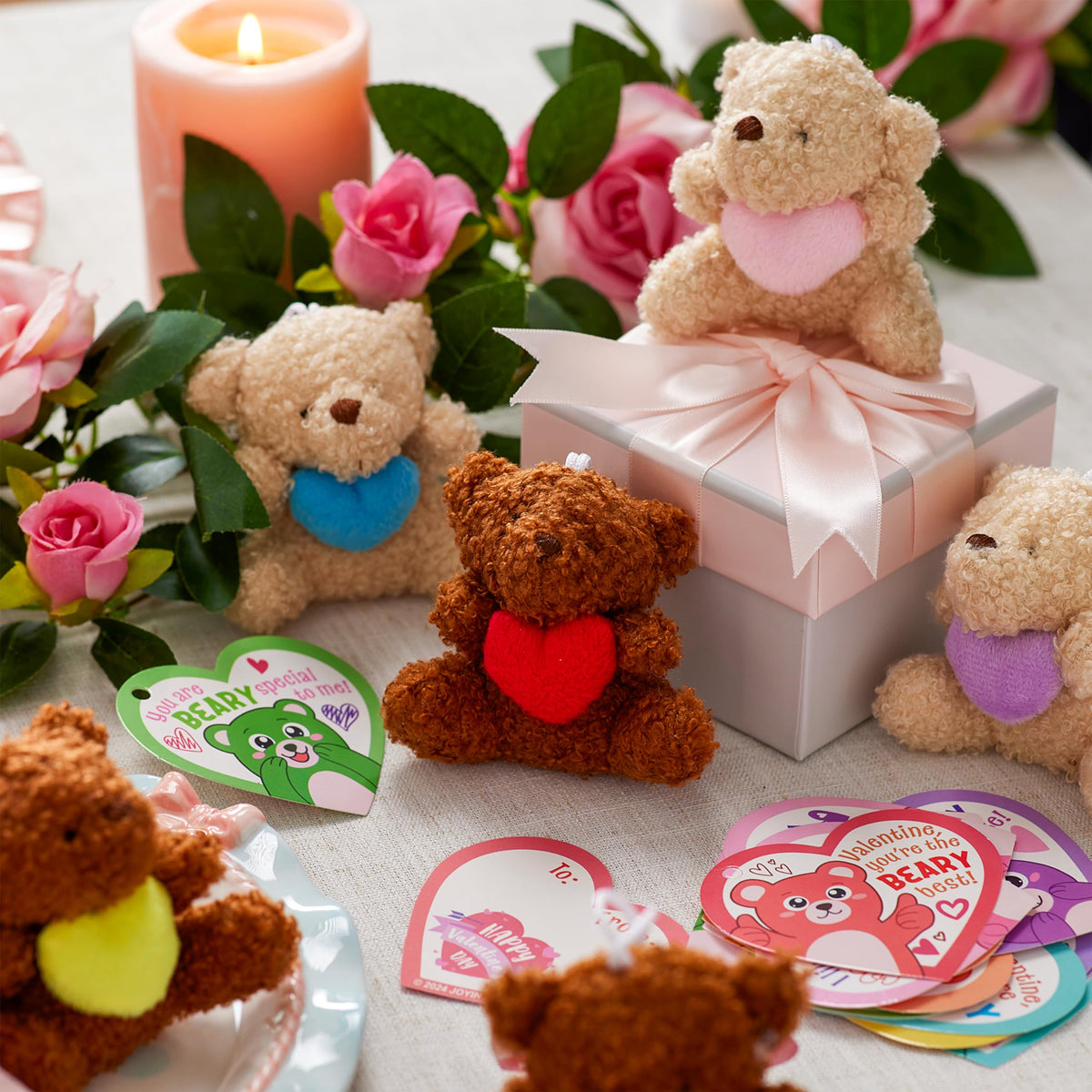 JOYIN 24 Pcs Valentine Bears with Hearts & Cards – Plush Toys for Kids