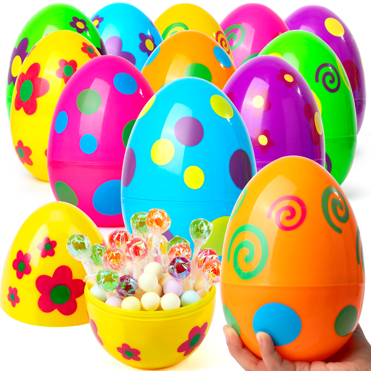 JOYIN 12 Pcs Large Printed Easter Eggs – Jumbo 6-Inch Fillable Eggs for Easter Hunt & Decor
