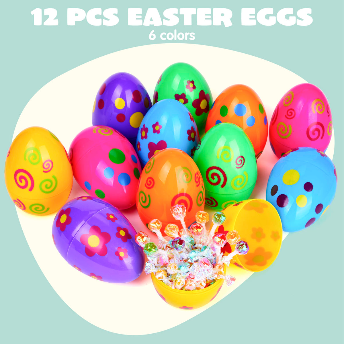 JOYIN 12 Pcs Large Printed Easter Eggs – Jumbo 6-Inch Fillable Eggs for Easter Hunt & Decor
