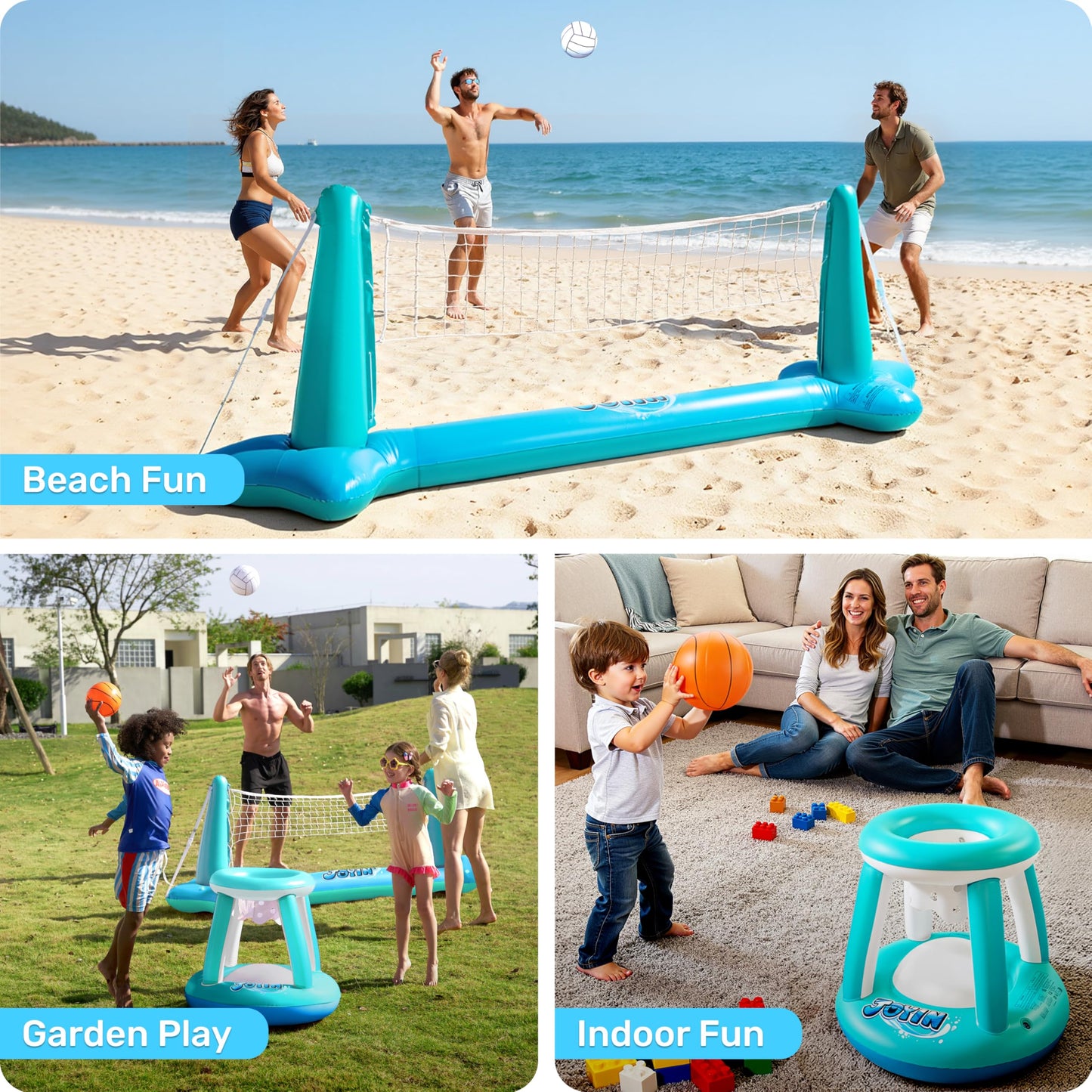 JOYIN Inflatable Volleyball Court & Basketball Hoops Set - 105-inch Pool Court and 27-inch Hoops (Blue)