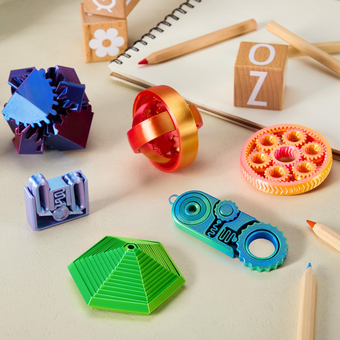 JOYIN 6Pcs 3D Printed Fidget Toys — Spin Fractal Gear, Metallic Color