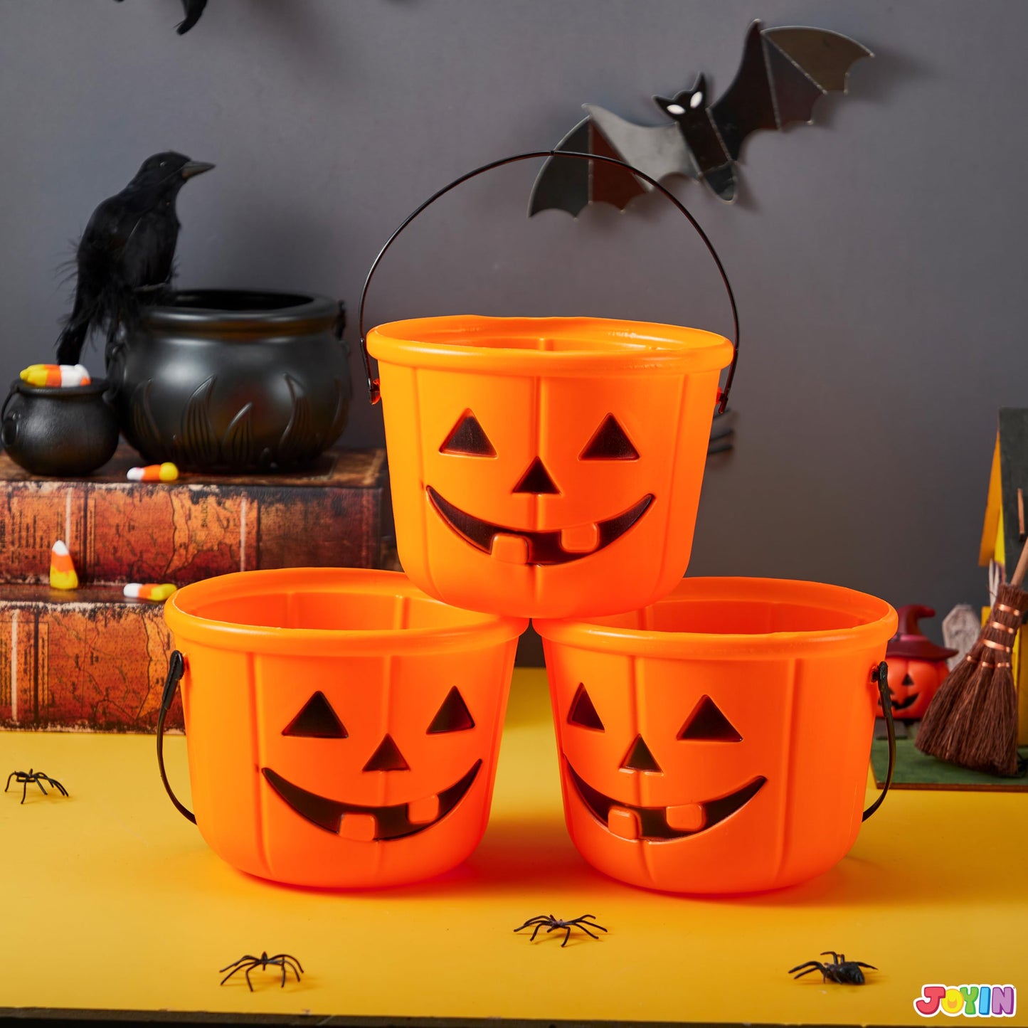 JOYIN 6Pcs Halloween Pumpkin Buckets – Jack O' Lantern Candy Buckets for Trick or Treating, 7x5 in, Reusable