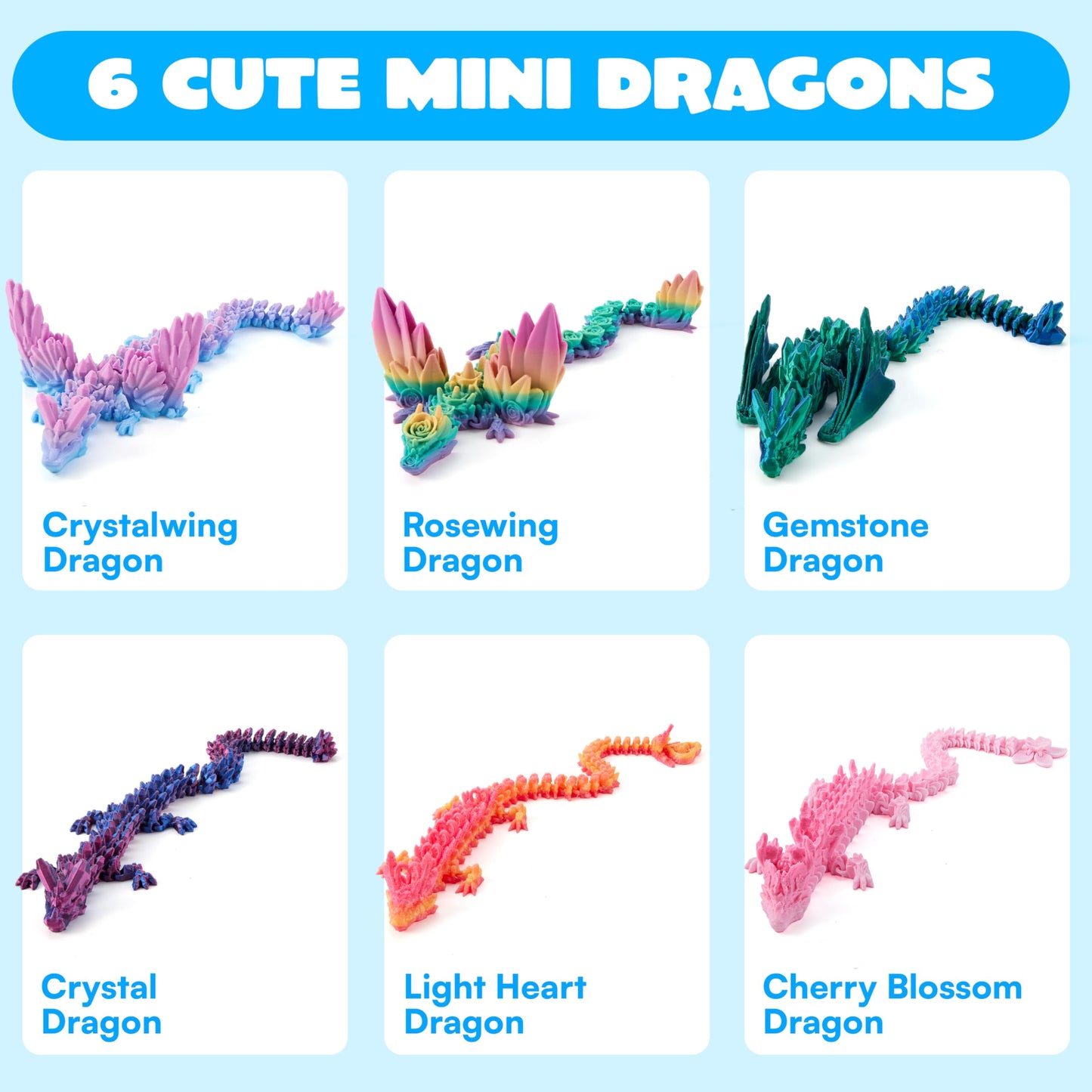 JOYIN 6 Pcs 12 Inch Large 3D Printed Dragon Fidget Toys — Articulated Gradient Dragons for Desk Decor