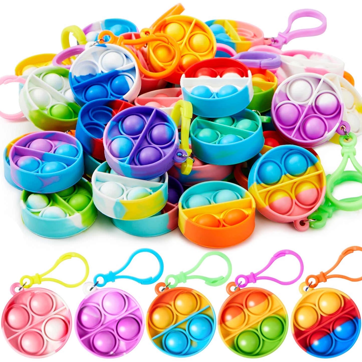 JOYIN Round Pop Fidget Keychain 90 Pack – Colorful Silicone Toys for Kids, Classroom Prizes, Party Favors