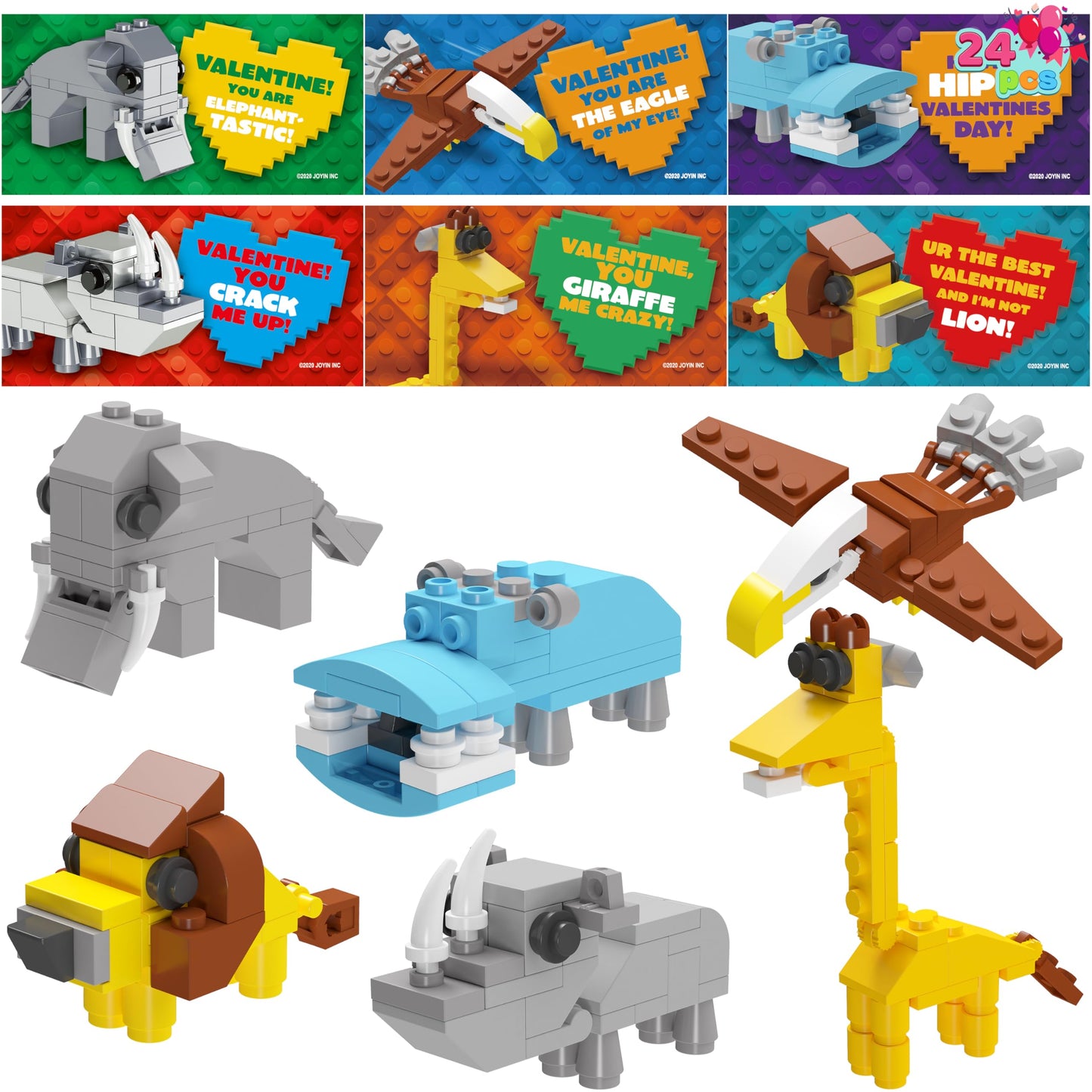 JOYIN 24 Safari Animal Valentine Cards with Building Blocks – Party Favors & Classroom Prizes