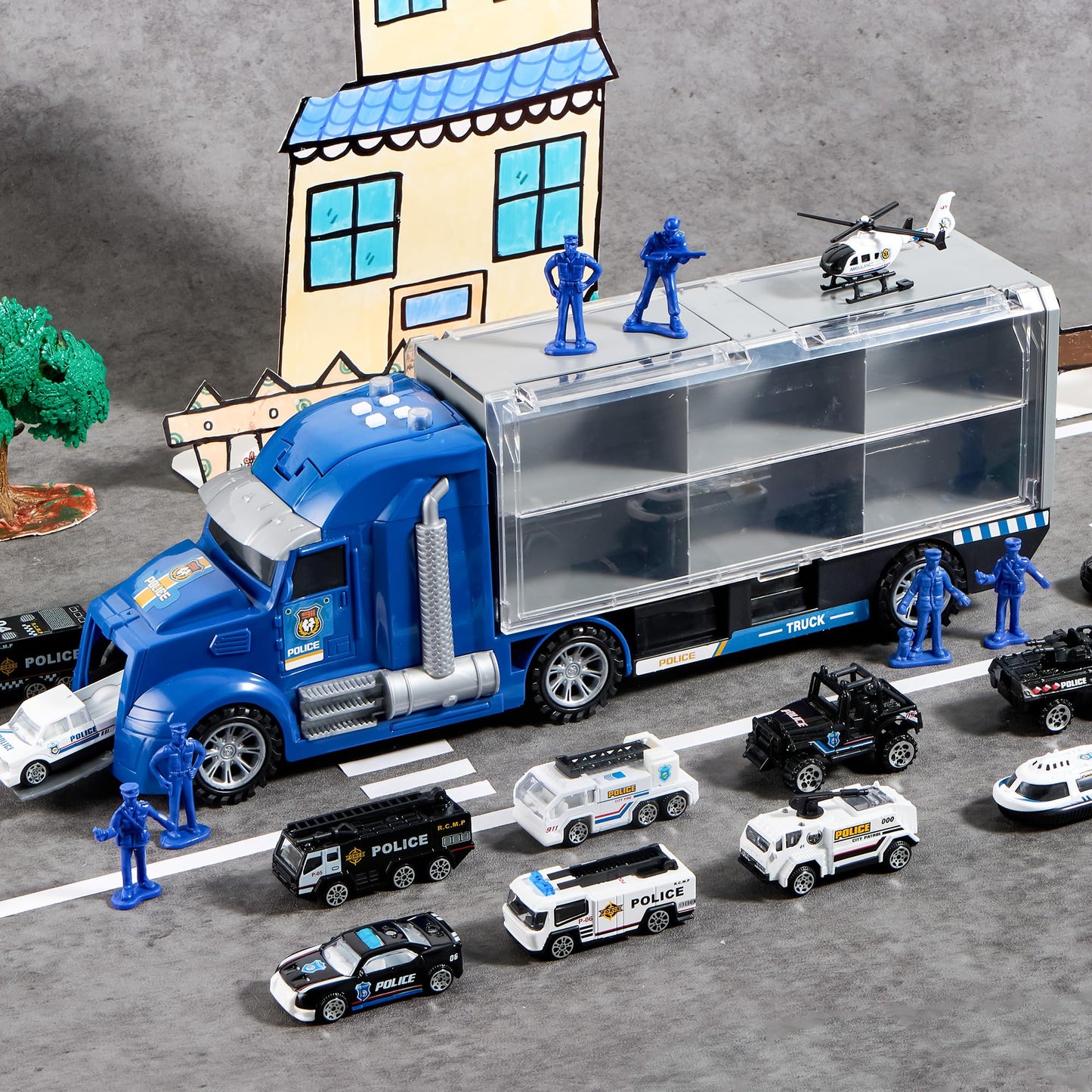 JOYIN 25-in-1 Police Rescue Truck Toy Set with Sounds & Lights – Carrier Truck Playset
