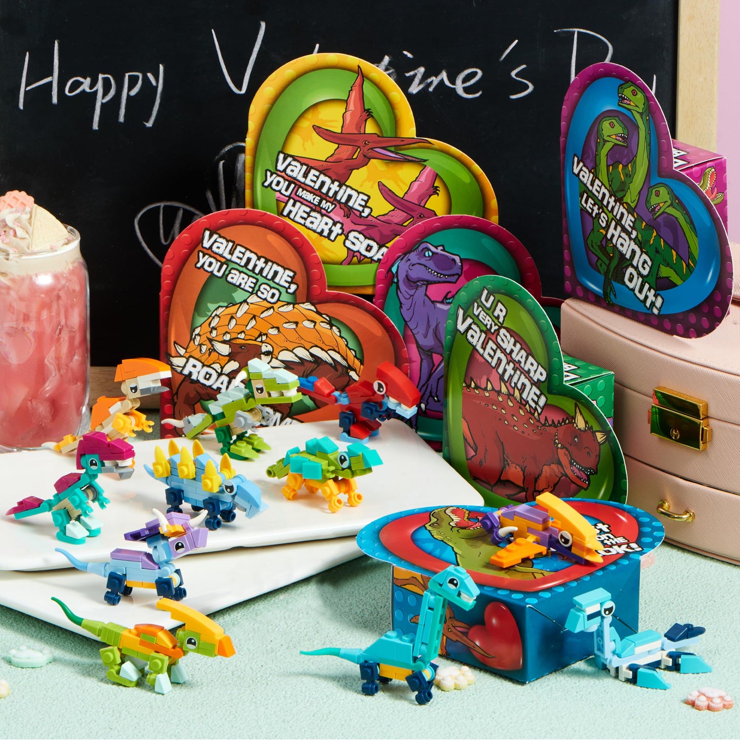 JOYIN 12 Packs Valentines Dinosaur Building Blocks with Heart Boxes – Party Favors & Classroom Gifts