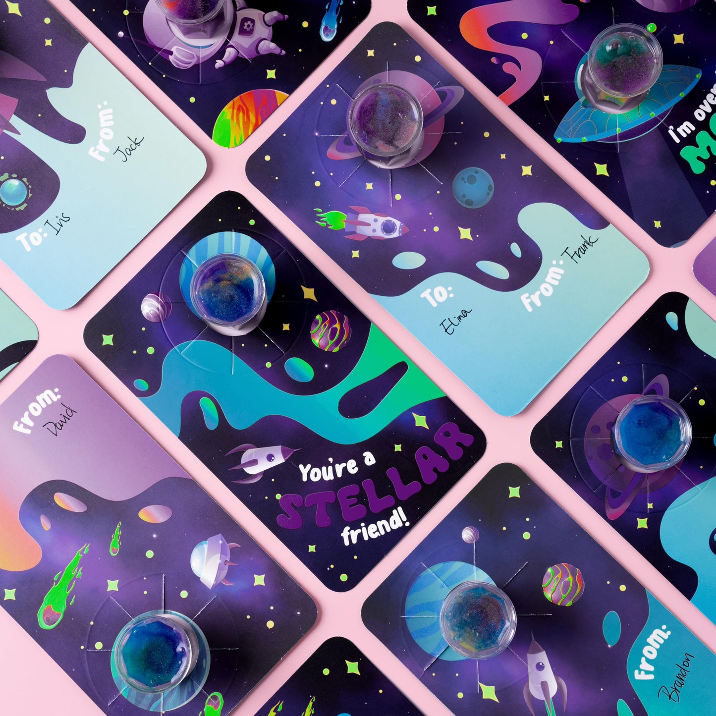 JOYIN 30 Pcs Valentine Gift Cards with Galaxy Slime – Kids' Fidget Toys & Classroom Prizes