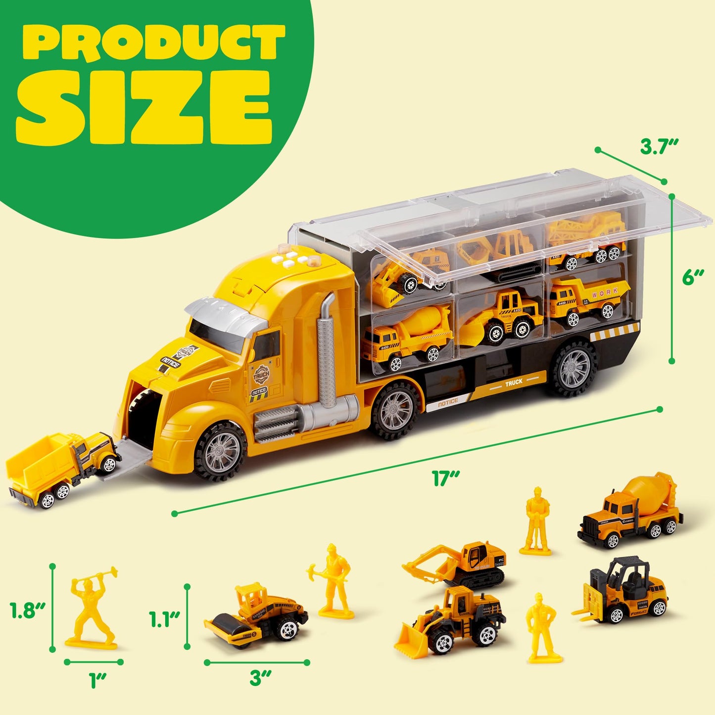 JOYIN 25-in-1 Kids Construction Truck Set – 24Pcs with Sounds & Lights, Carrier Truck, 12 Mini Vehicles & 12 Worker Figures
