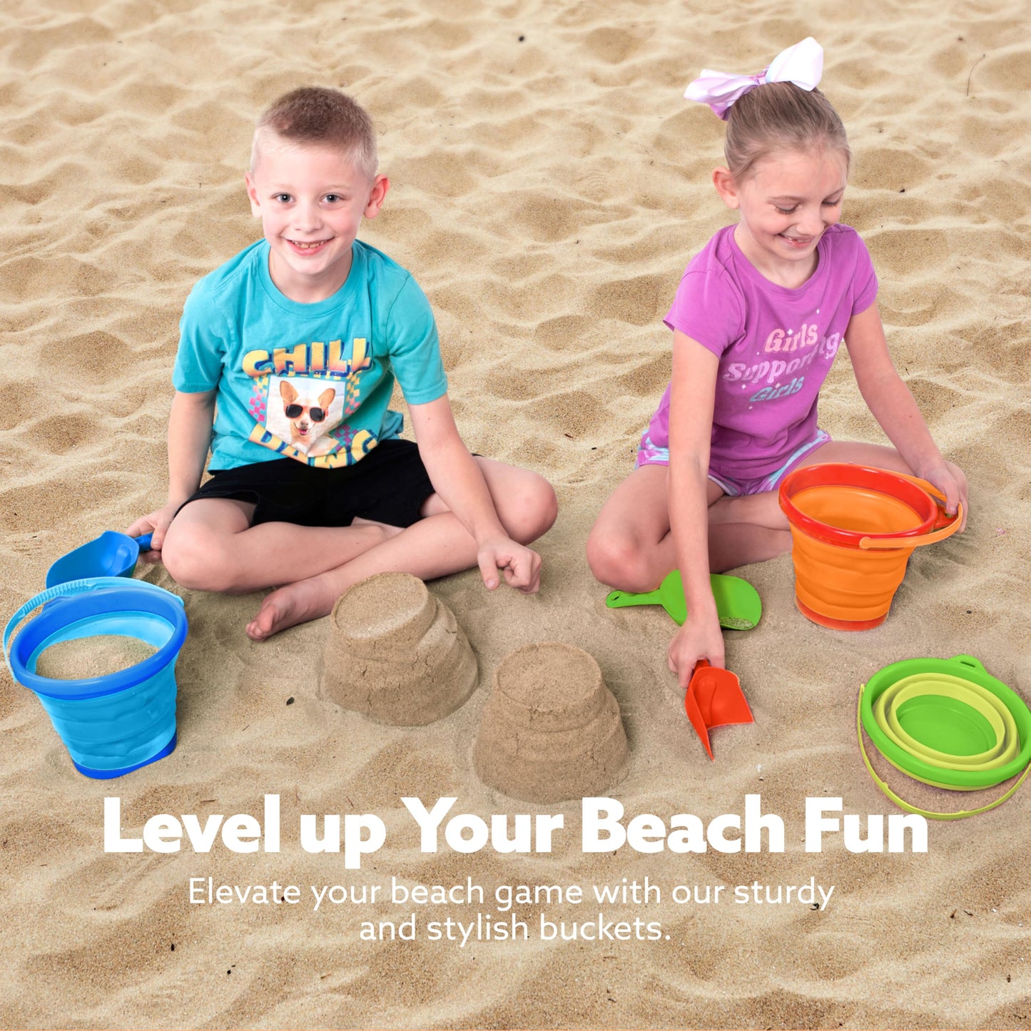 JOYIN 3-Pack Foldable Pail Buckets with Shovels & Mesh Bag | Collapsible Beach Buckets for Beach, Camping & More