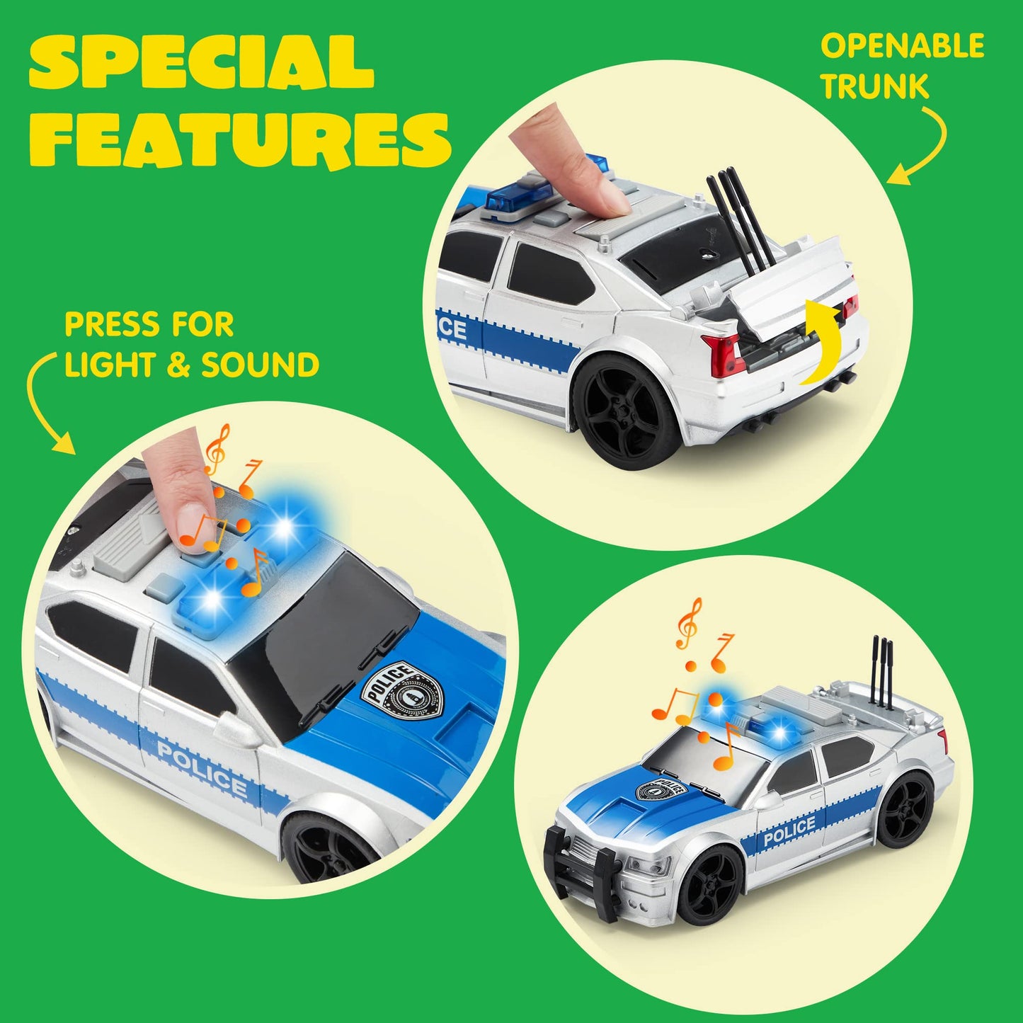 JOYIN 4 Pcs 7\" Vehicle Toy Set with Lights & Sirens – Police Car, Garbage Truck, Fire Truck, School Bus
