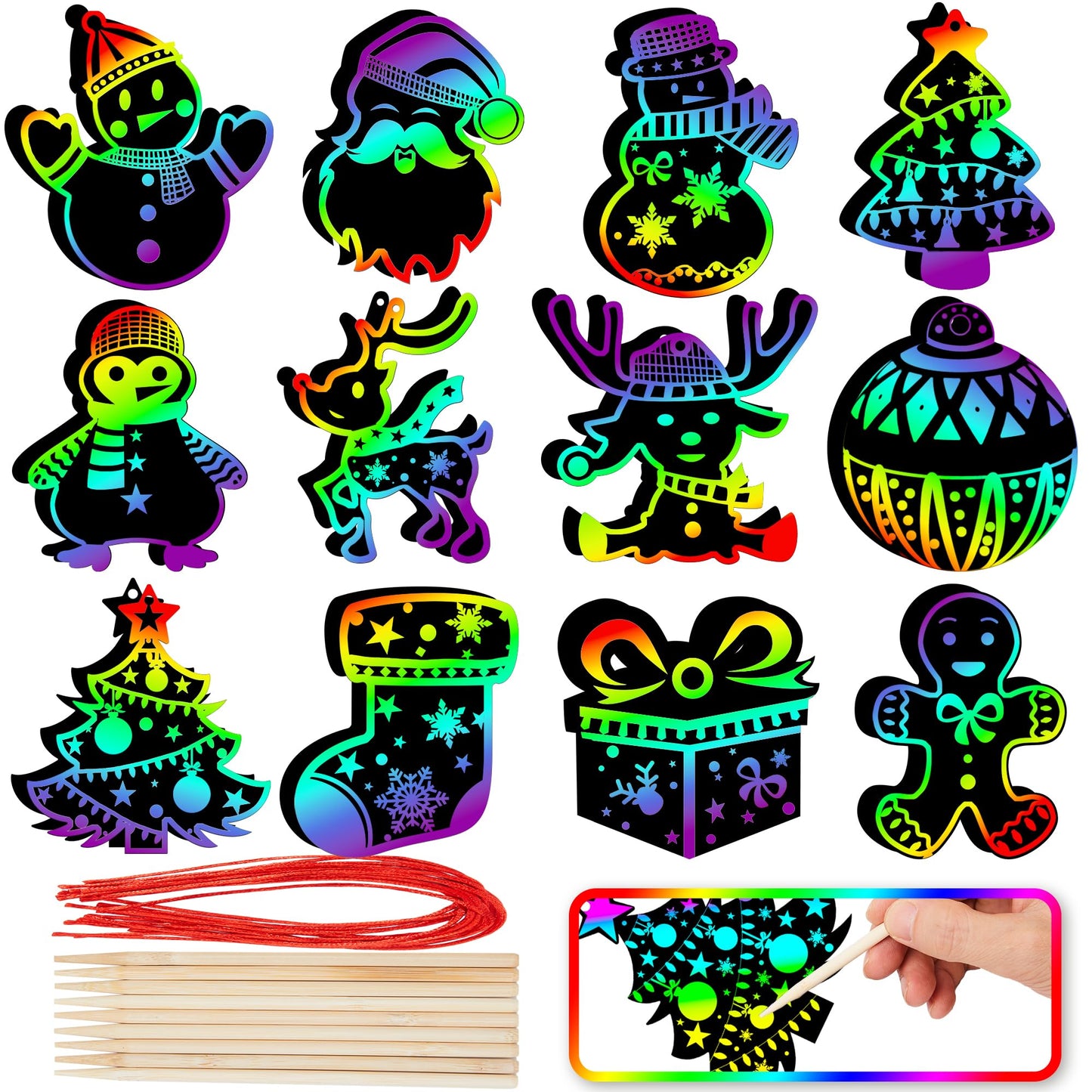JOYIN 72 Pcs Christmas Scratch Art Ornaments – Rainbow Color Craft Kit for Kids