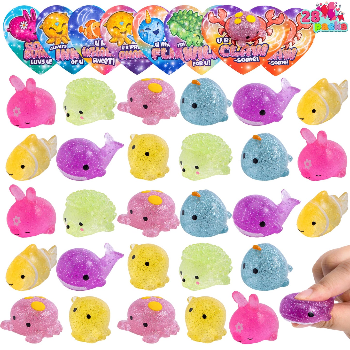 JOYIN 28-Pack Valentine Gift Cards with Glitter Mochi Squishy Toys — Sea Animals