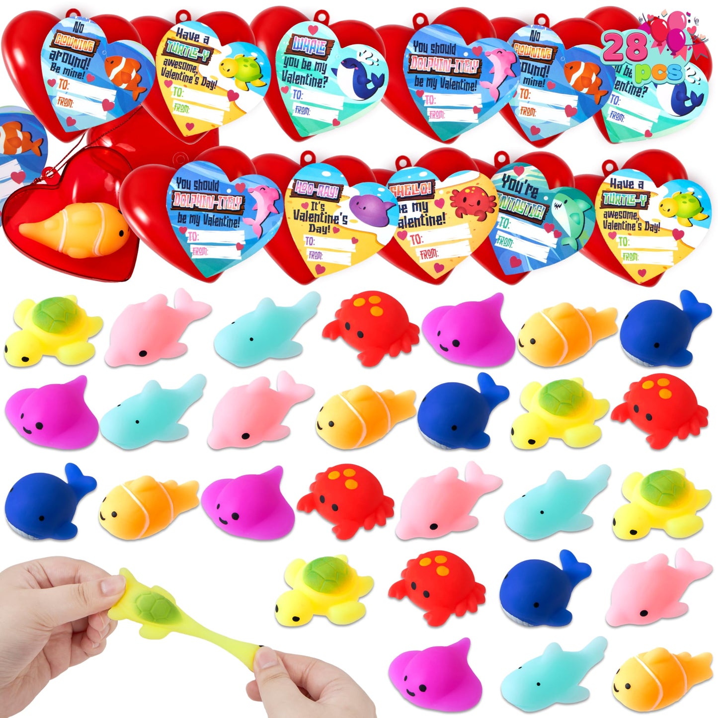 JOYIN 28-Pack Valentines Day Gifts for Kids | Sea Animals Mochi Squishy Toys & Heart Cards