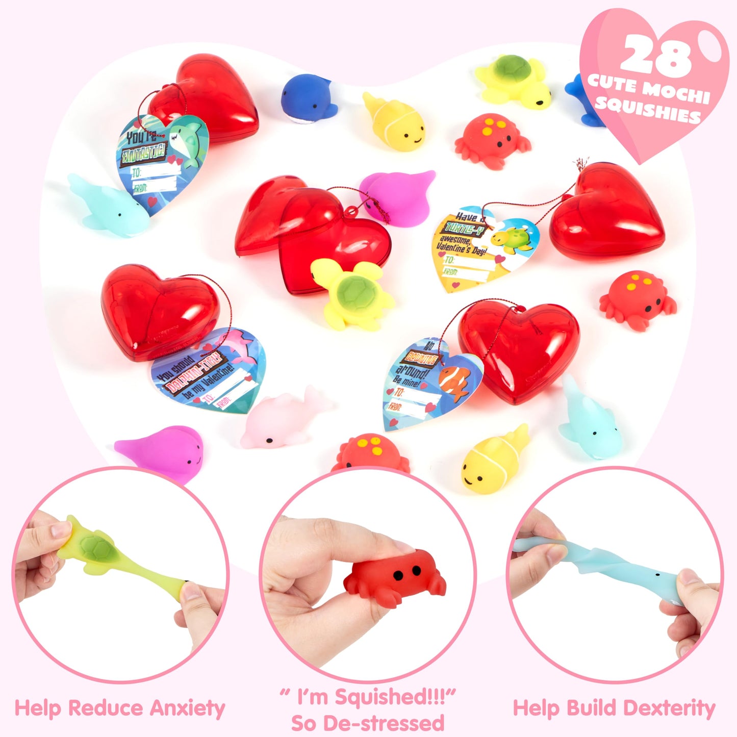 JOYIN 28-Pack Valentines Day Gifts for Kids | Sea Animals Mochi Squishy Toys & Heart Cards