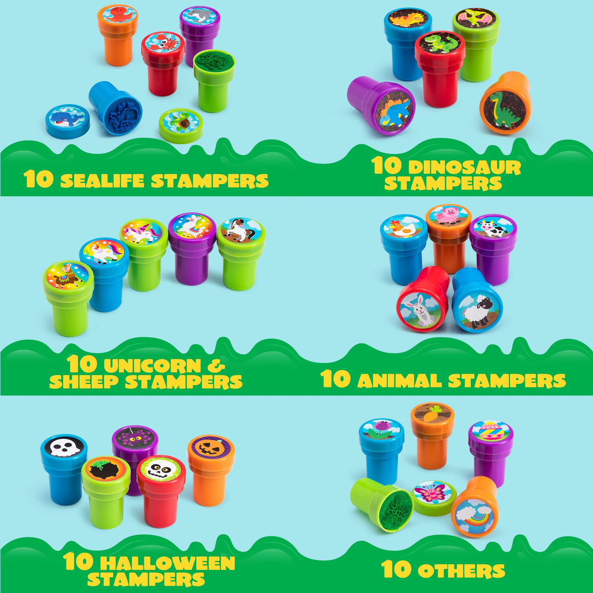 JOYIN 100 Pcs Self-Ink Stamps Set – 50 Designs for Kids, Party Favors, Classroom Prizes