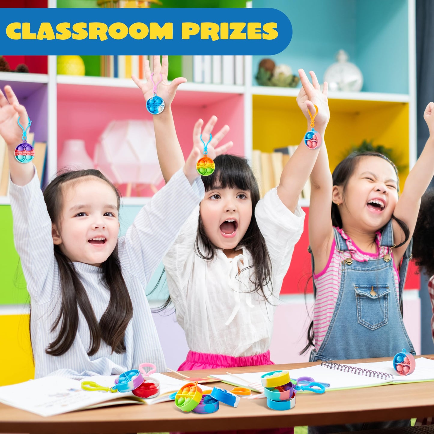 JOYIN Round Pop Fidget Keychain 90 Pack – Colorful Silicone Toys for Kids, Classroom Prizes, Party Favors