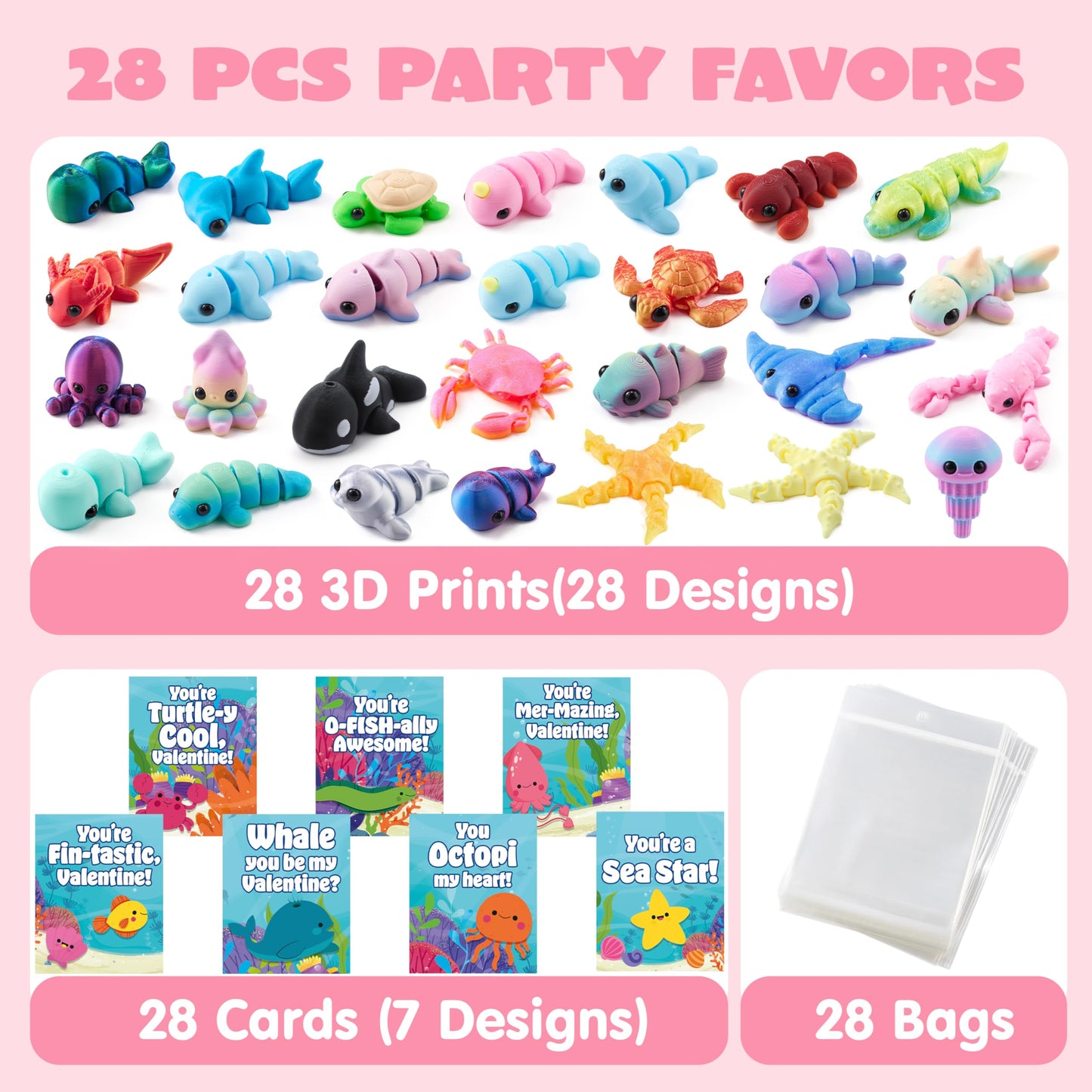 JOYIN 28Pcs Valentines Gift Cards with 3D Ocean Animals – Party Favors & Classroom Exchange