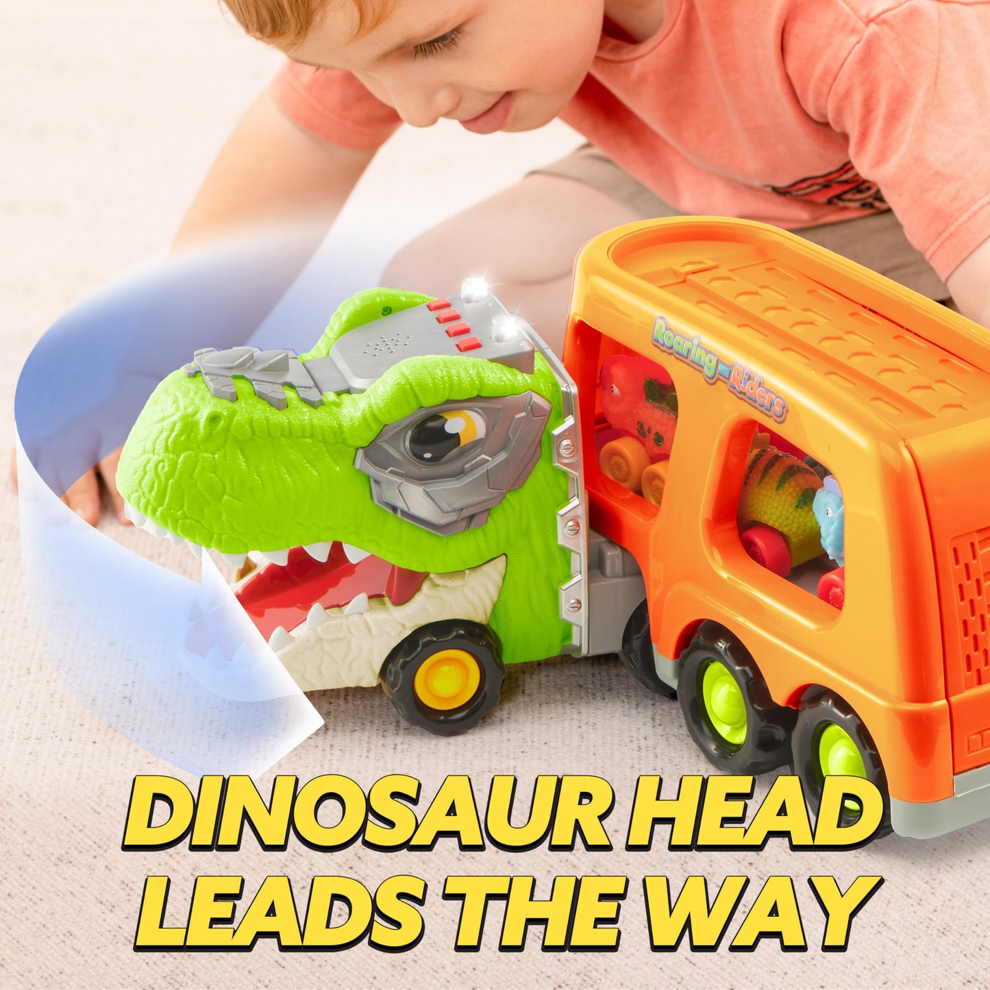 JOYIN Dinosaur Carrier Truck with 6 Mini Cars – Toys for Kids 2-4, Music & Lights