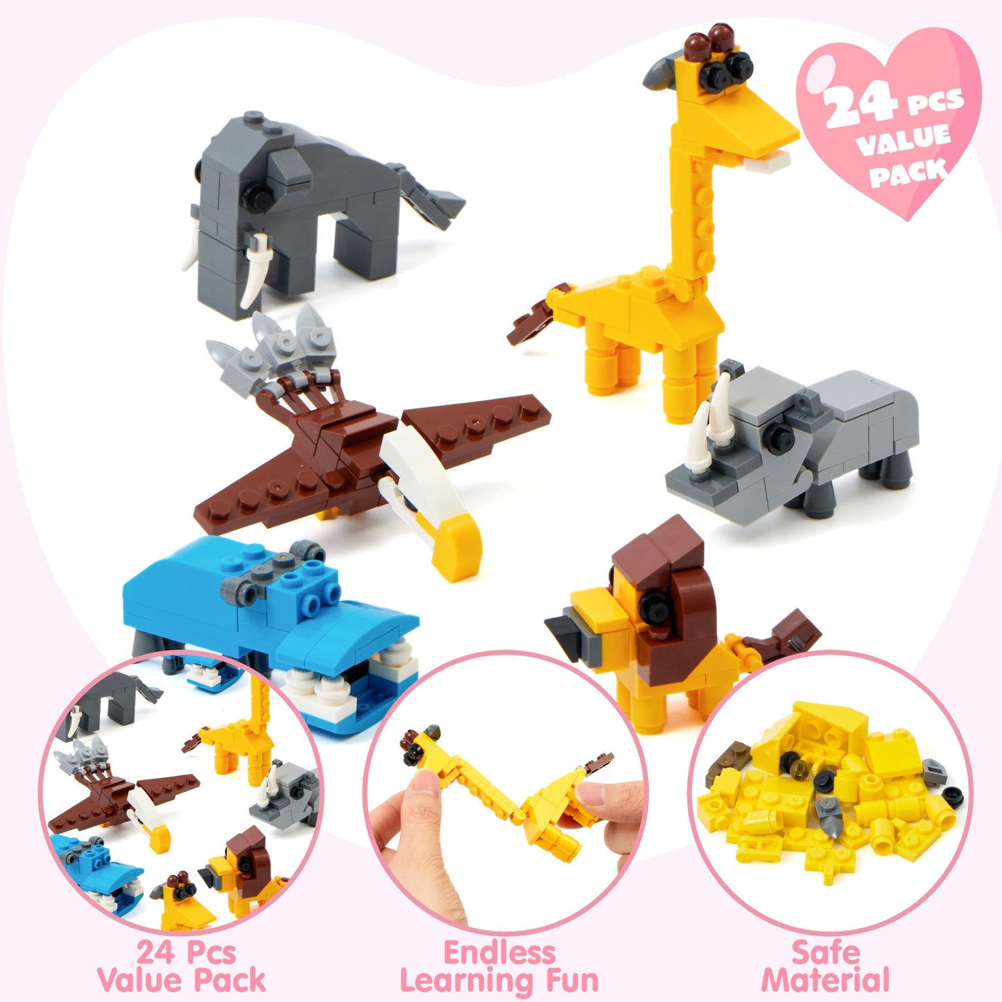 JOYIN 24 Safari Animal Valentine Cards with Building Blocks – Party Favors & Classroom Prizes