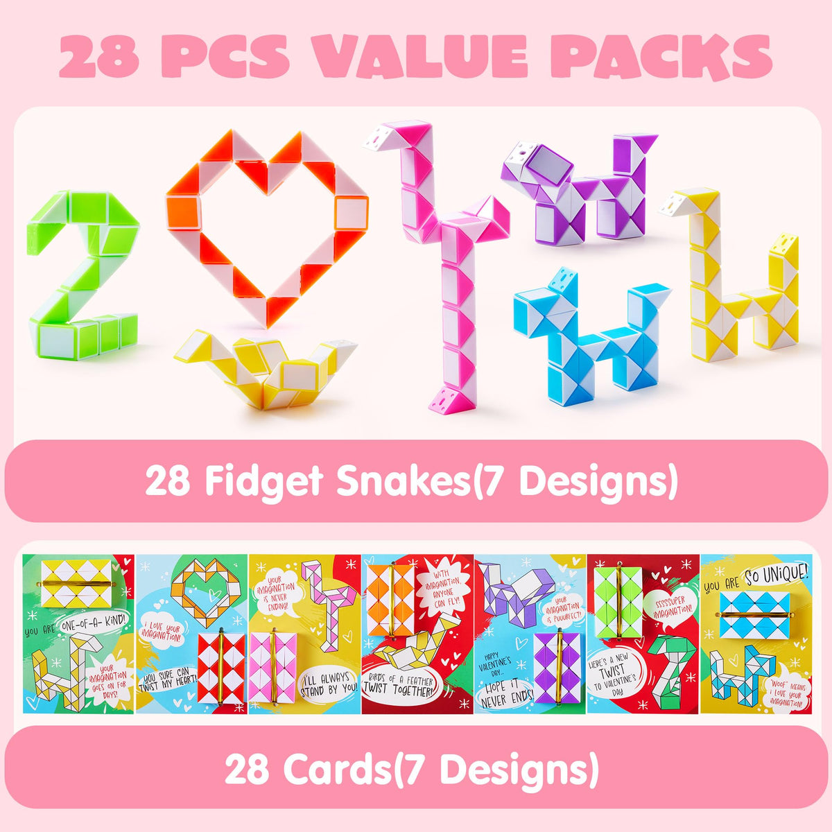 JOYIN 28-Pack Valentine's Day Cards with Snake Twist Toys – Classroom Prizes & Party Favors