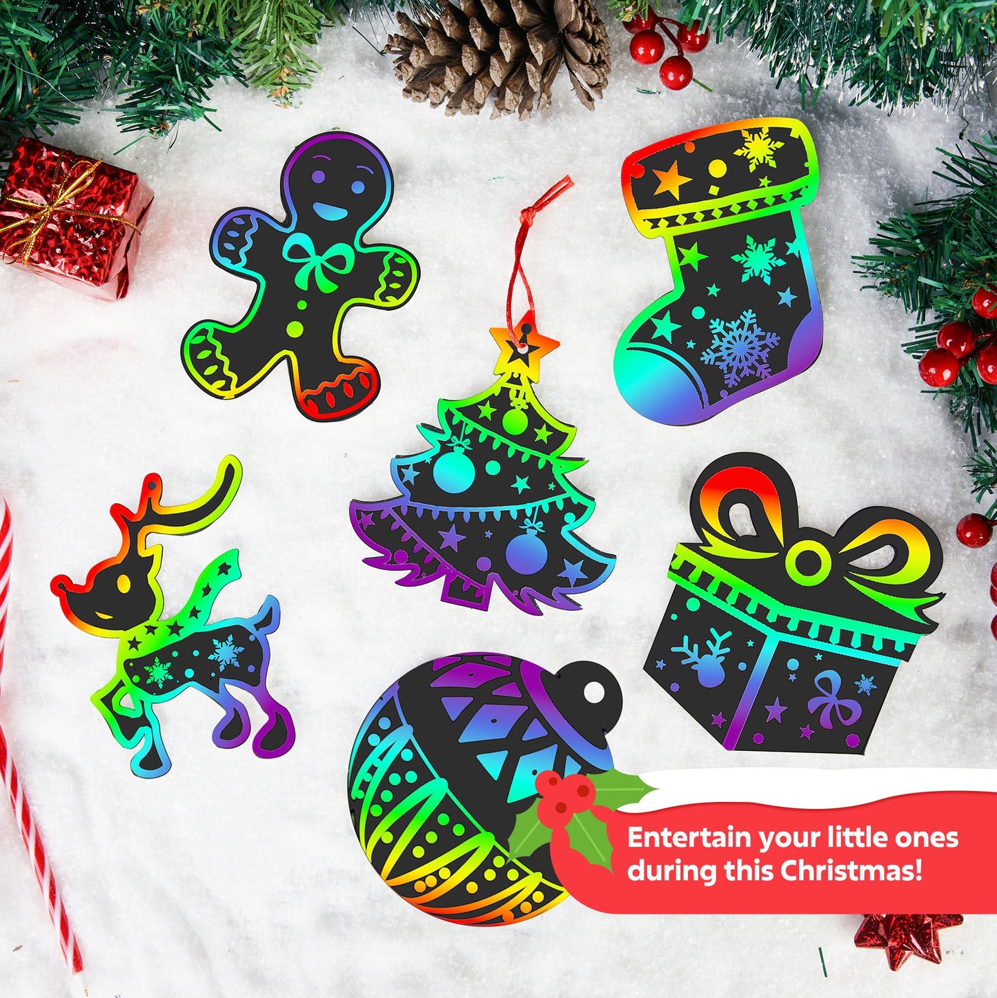 JOYIN 72 Pcs Christmas Scratch Art Ornaments – Rainbow Color Craft Kit for Kids