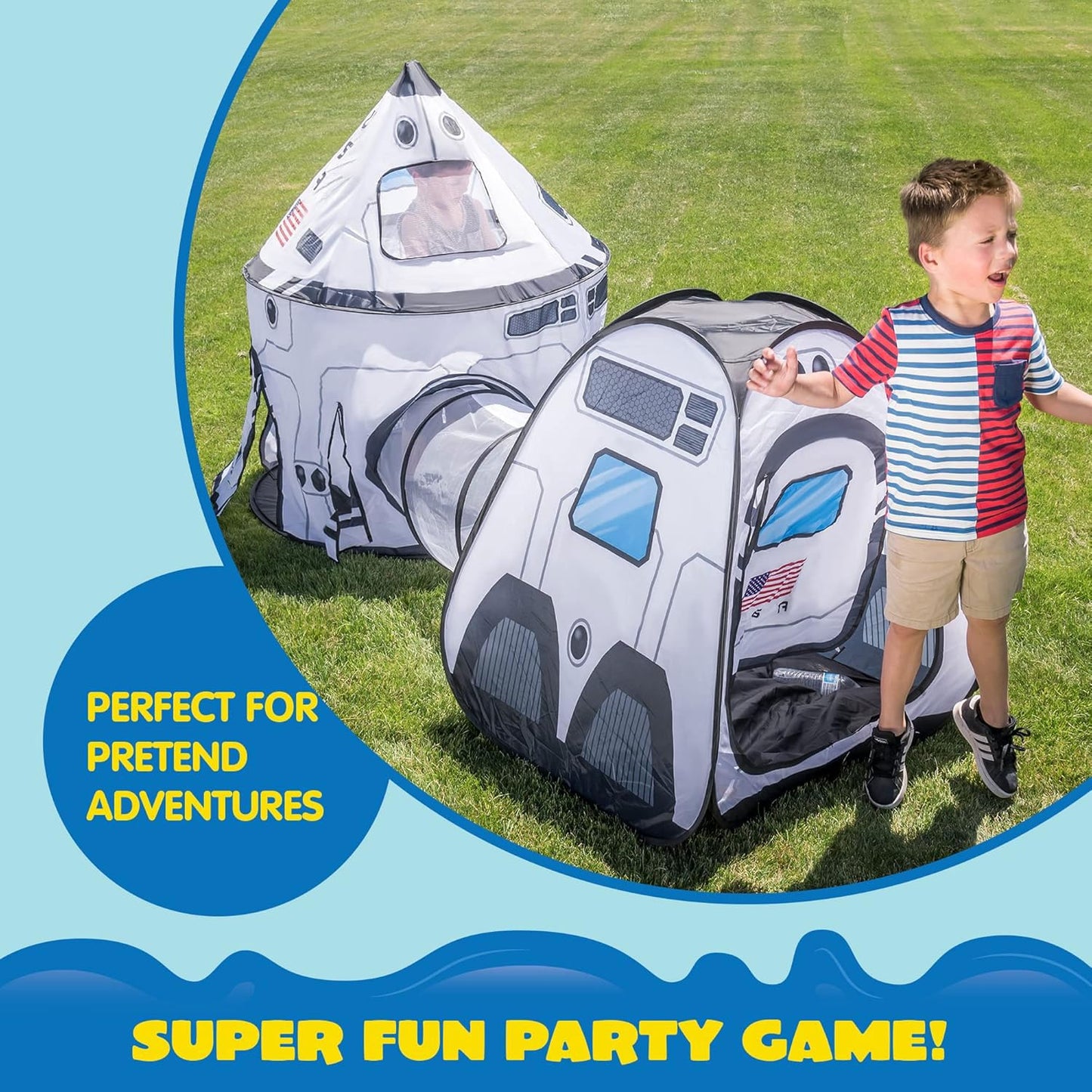 JOYIN White Rocket Ship Pop Up Play Tent with Tunnel – Indoor & Outdoor Kids Space Playset