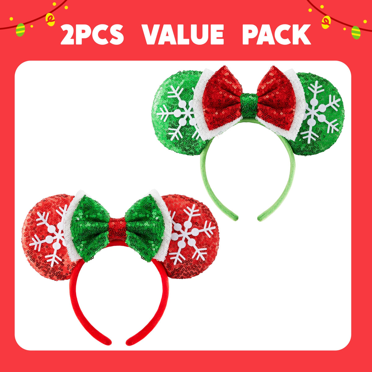 JOYIN 2 Pcs LED Christmas Headbands – Lightup Red & Green Mouse Ears for Adults & Kids