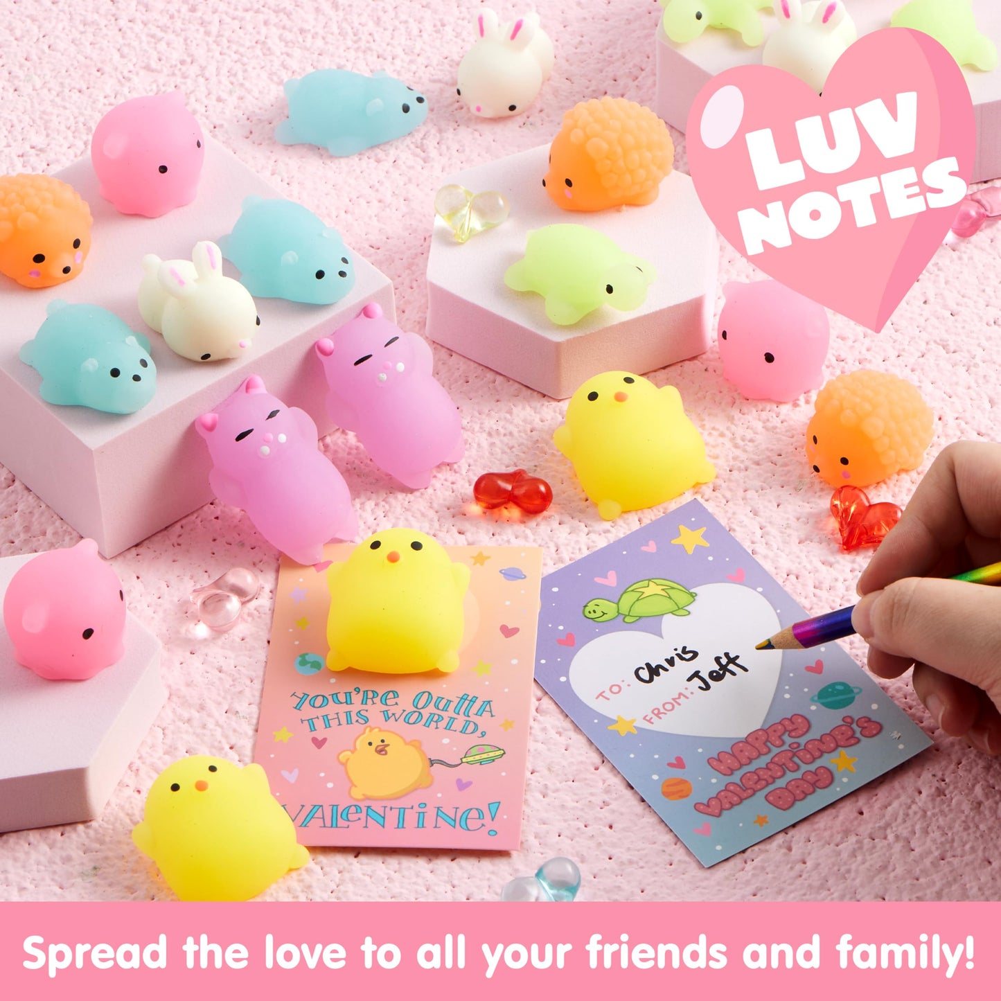 JOYIN 28-Pack Valentines Gift Cards with Glow-in-The-Dark Kawaii Mochi Squishy Toys