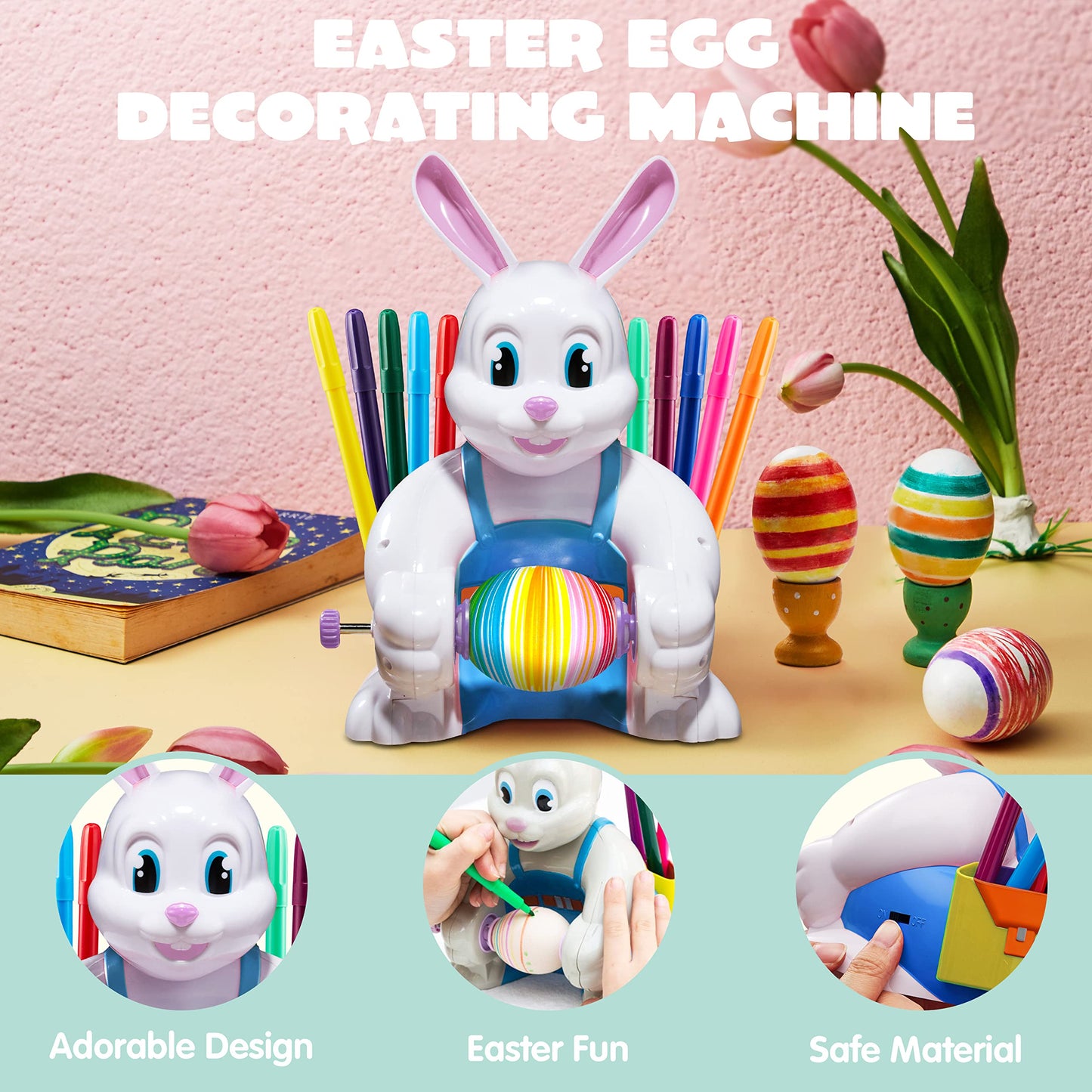 JOYIN Motorized Easter Egg Decorator Kit — Busy Bunny Spinner with 10 Non-Toxic Markers