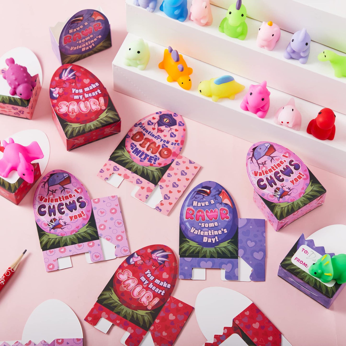JOYIN 28-Pack Valentines Day Dinosaur Mochi Squishy Toys - Classroom Gifts & Party Favors