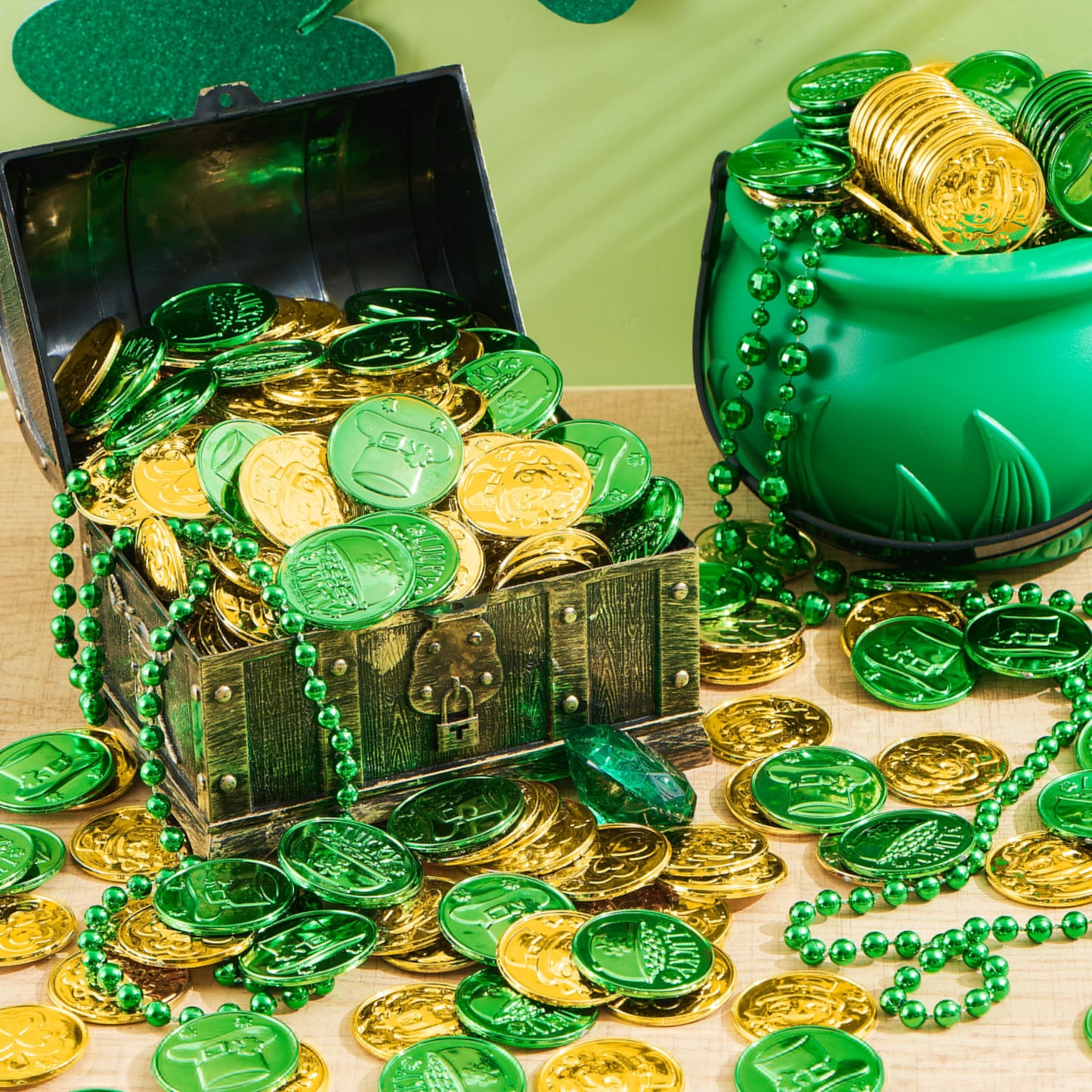 JOYIN 120 Pcs St. Patrick's Day Coins – Green & Gold Shamrock, Leprechaun, Hat & Cauldron Designs