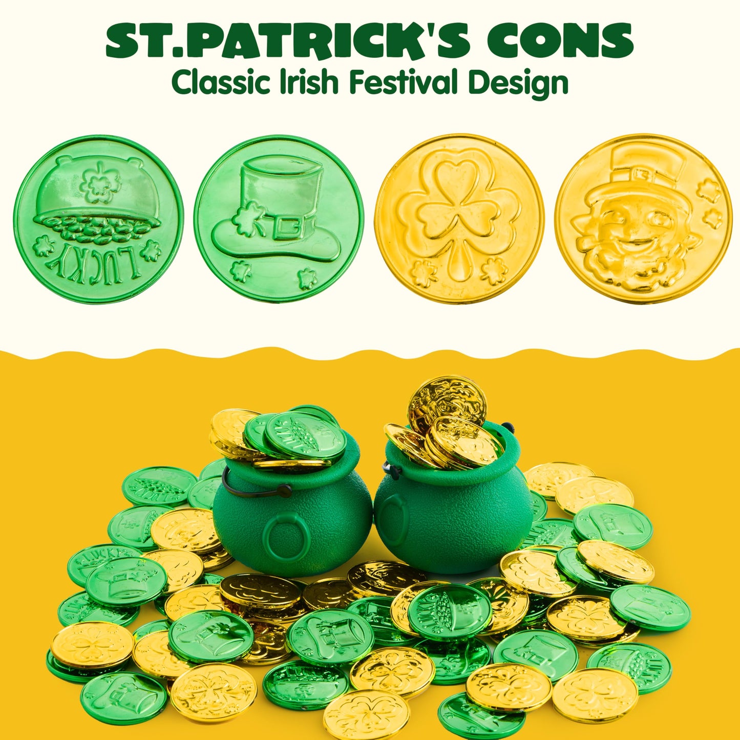 JOYIN 120 Pcs St. Patrick's Day Coins – Green & Gold Shamrock, Leprechaun, Hat & Cauldron Designs