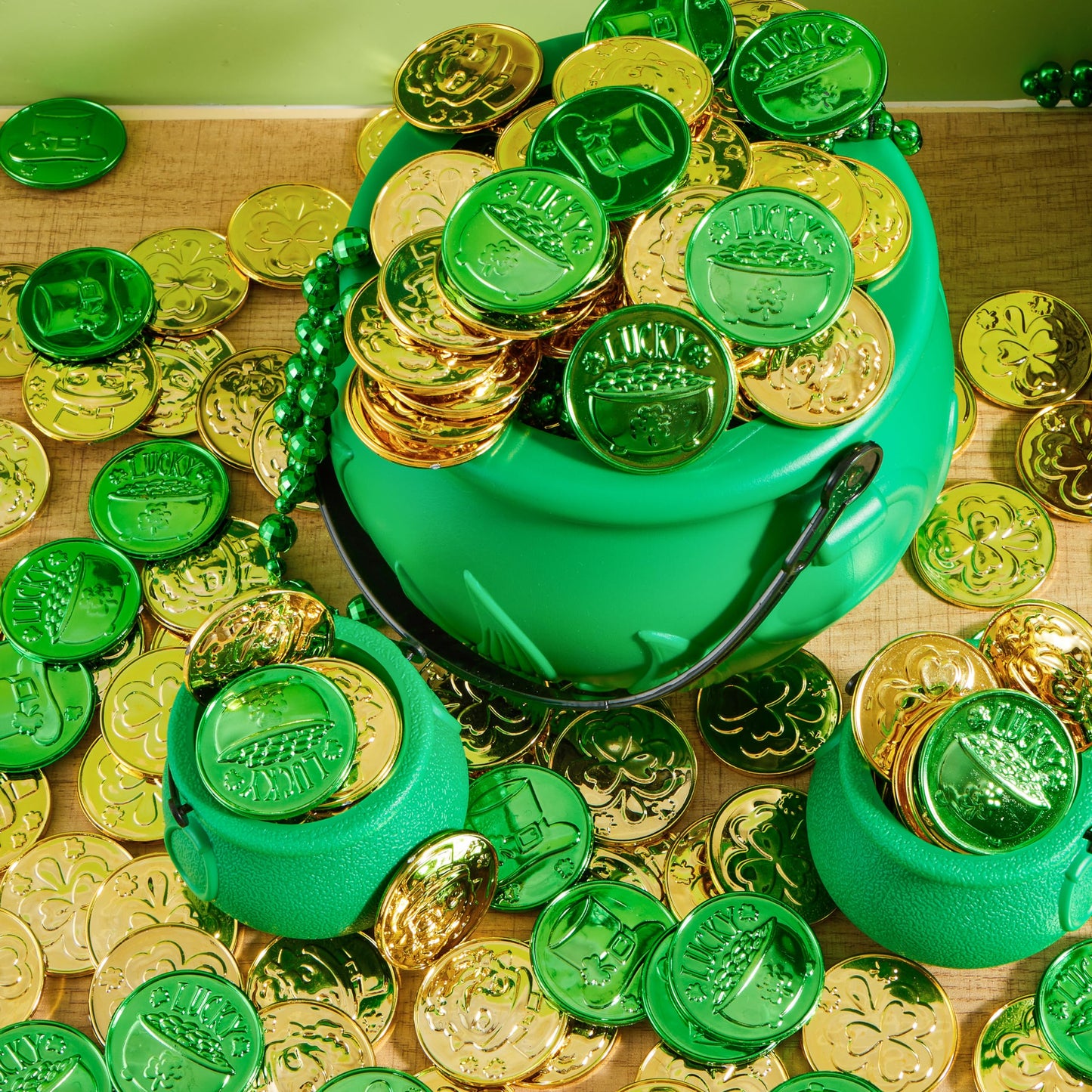 JOYIN 120 Pcs St. Patrick's Day Coins – Green & Gold Shamrock, Leprechaun, Hat & Cauldron Designs